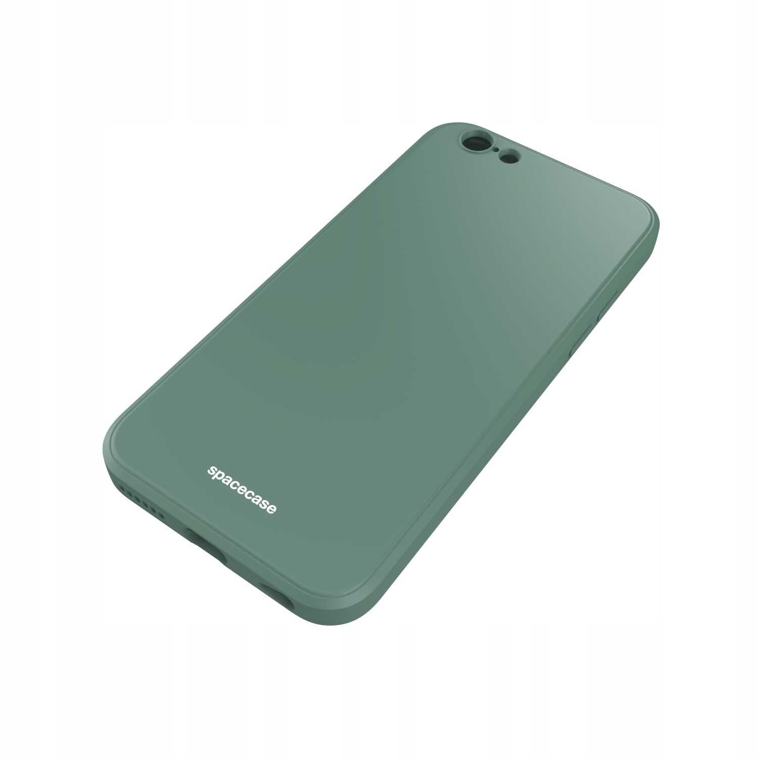 Zielone silikonowe etui na telefon z napisem \'spacecase\' na dole. Etui ma otwory na aparat i przyciski.