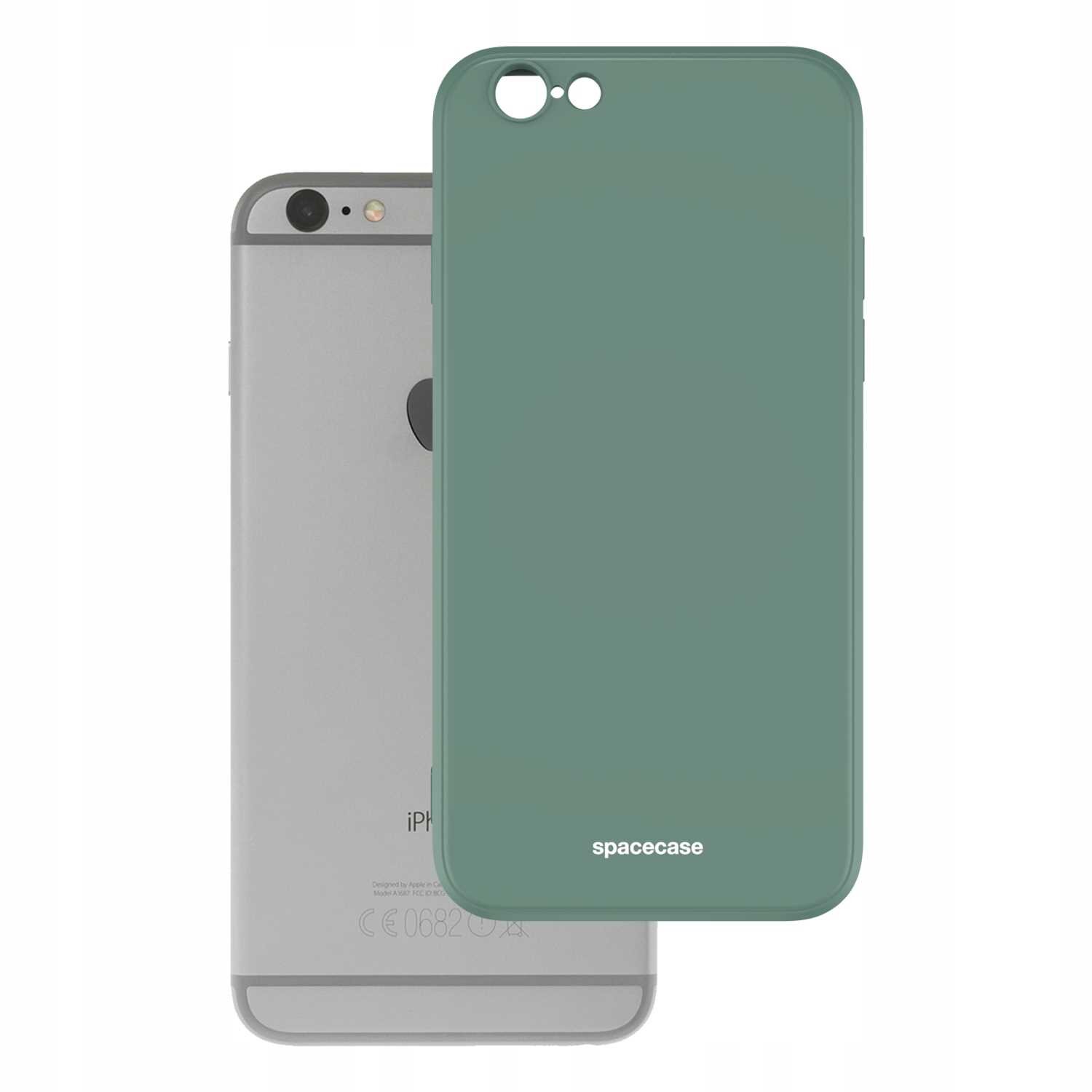 Na obrazie widoczne jest zielone silikonowe etui z napisem \'spacecase\', umieszczone przed szarym telefonem. Telefon ma logo w kształcie jabłka i napis \'iPhone\'.