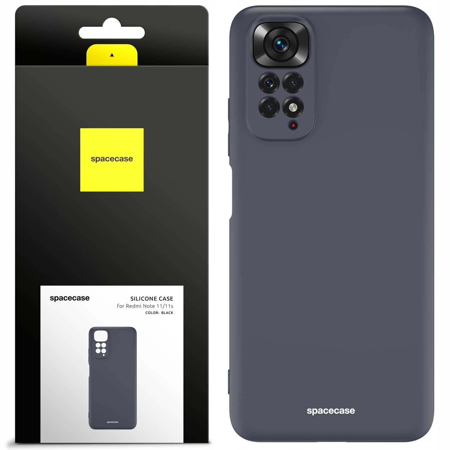 Obraz przedstawia czarne silikonowe etui na telefon z widocznymi wycięciami na aparat. Opakowanie produktu ma czarną i żółtą kolorystykę z napisem \'spacecase\'.