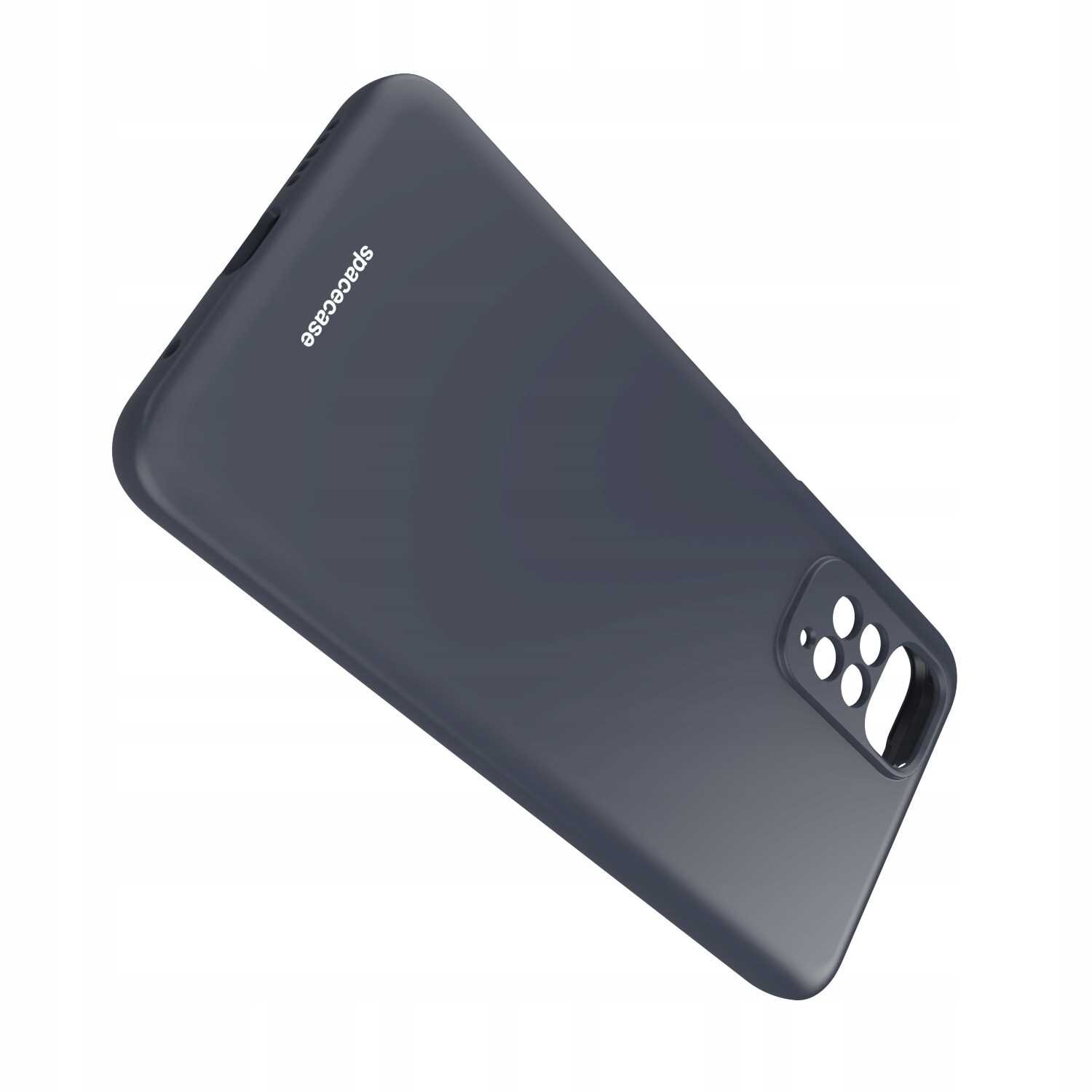 Czarne silikonowe etui z wycięciem na aparat i logo \'spacecase\' na powierzchni. Etui jest przeznaczone do telefonu Xiaomi Mi Note 11/11s.
