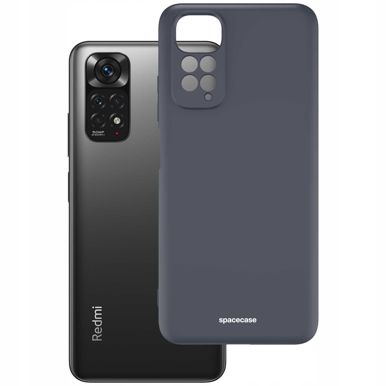 Na obrazie widoczne jest czarne silikonowe etui z napisem \'spacecase\' oraz smartfon z logo \'Redmi\' i widocznym aparatem fotograficznym.