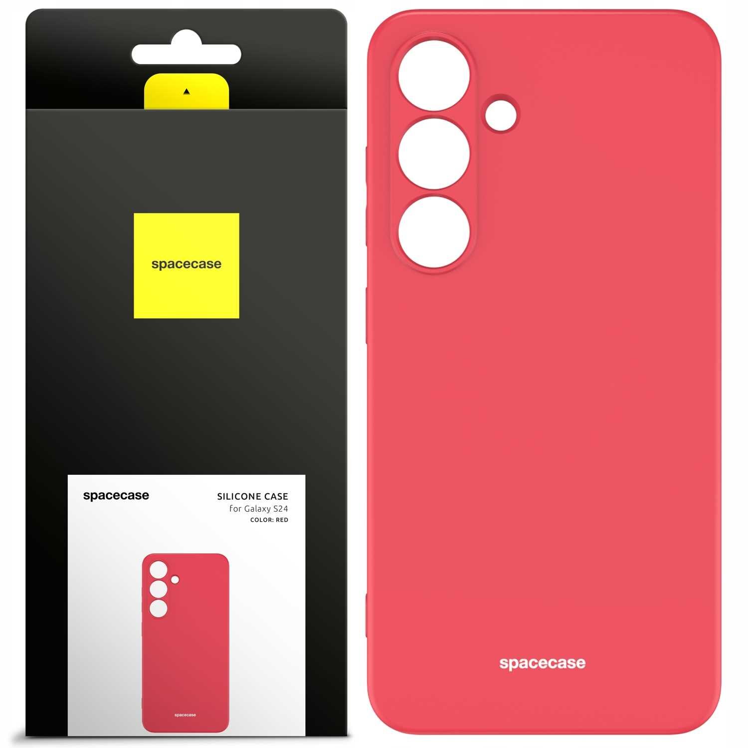 Obraz przedstawia czerwone silikonowe etui z trzema otworami na aparaty oraz opakowanie z logo \'spacecase\'. Na opakowaniu widnieje napis \'SILICONE CASE for Galaxy S24 COLOR: RED\'.