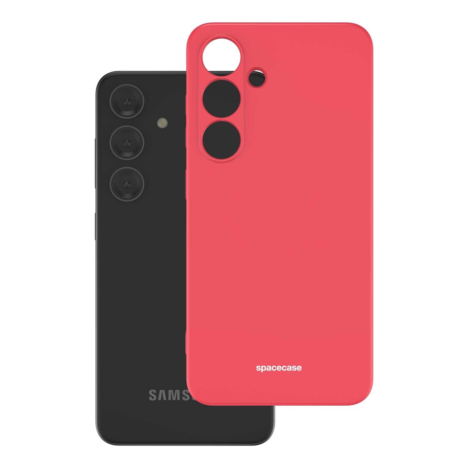 Czerwone silikonowe etui z wycięciami na aparat i logo \'spacecase\'. W tle czarny telefon z trzema obiektywami i logo \'SAMSUNG\'.