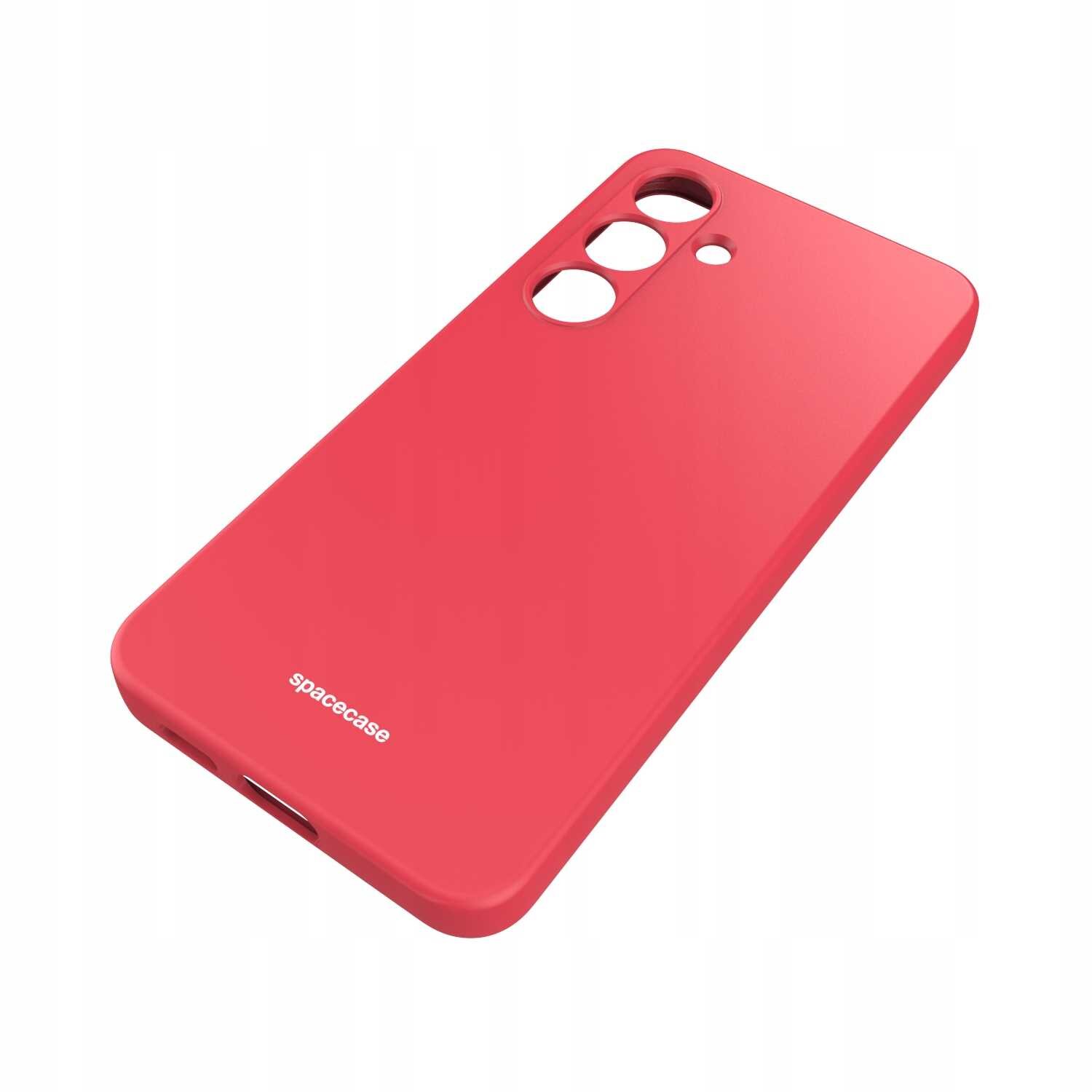 Czerwone silikonowe etui z trzema otworami na aparat i napisem \'spacecase\' na dole. Etui jest przeznaczone do telefonu Galaxy S24.