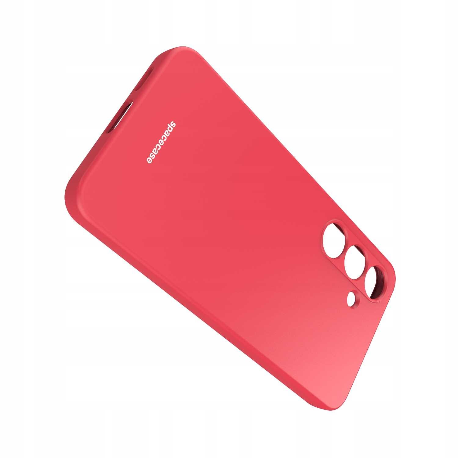 Czerwone silikonowe etui z wycięciami na aparat i logo \'spacecase\'.
