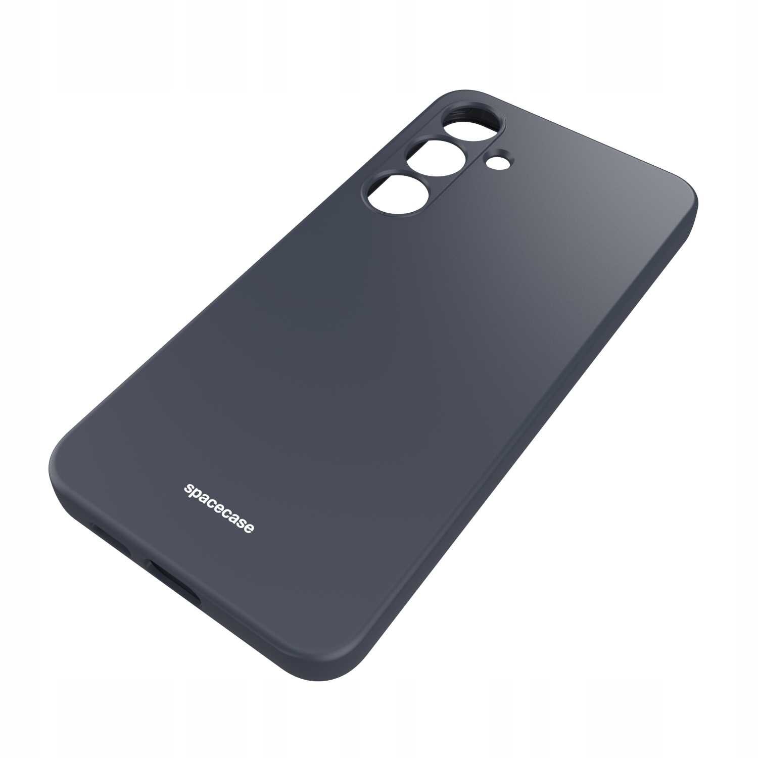 Czarne silikonowe etui z trzema otworami na aparaty i jednym mniejszym otworem. Na powierzchni widoczny jest napis \'spacecase\'.