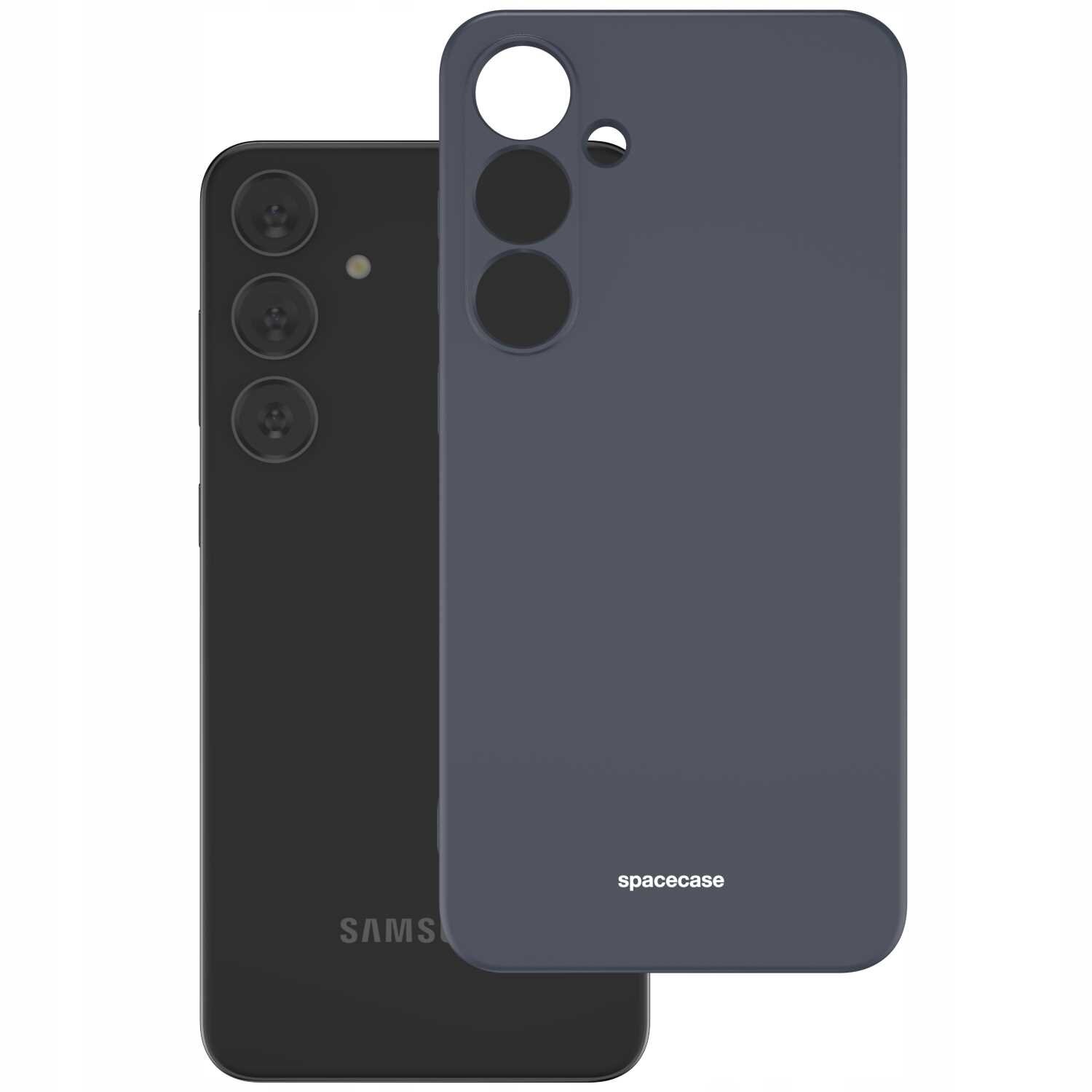 Na obrazie widoczne jest czarne silikonowe etui z trzema otworami na aparaty oraz napisem \'spacecase\'. Obok znajduje się czarny telefon z trzema obiektywami aparatu i logo \'SAMSUNG\'.