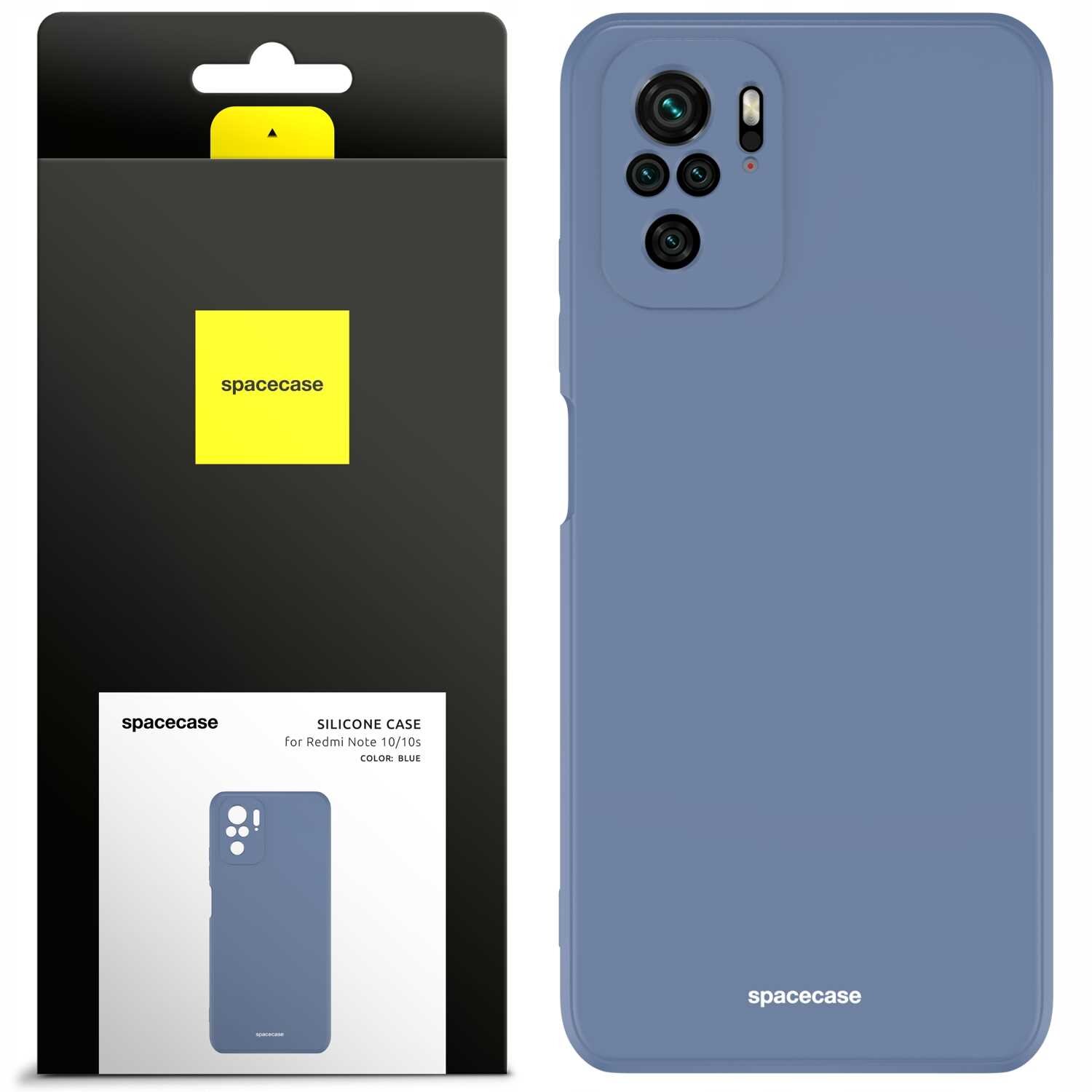 Obraz przedstawia silikonowe etui w kolorze niebieskim oraz jego opakowanie z logo \'spacecase\'. Na opakowaniu widnieje napis: \'SILICONE CASE for Redmi Note 10/10s COLOR: BLUE\'.
