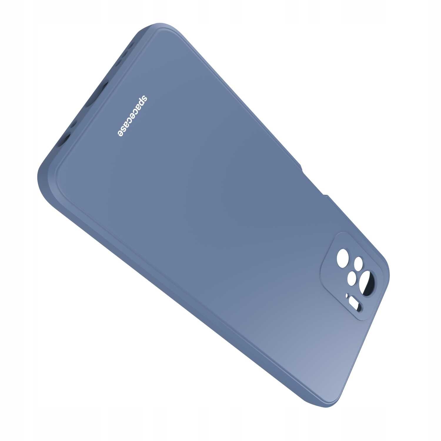 Niebieskie silikonowe etui z wycięciami na aparat i przyciski, z widocznym napisem \'SPACECASE\'.