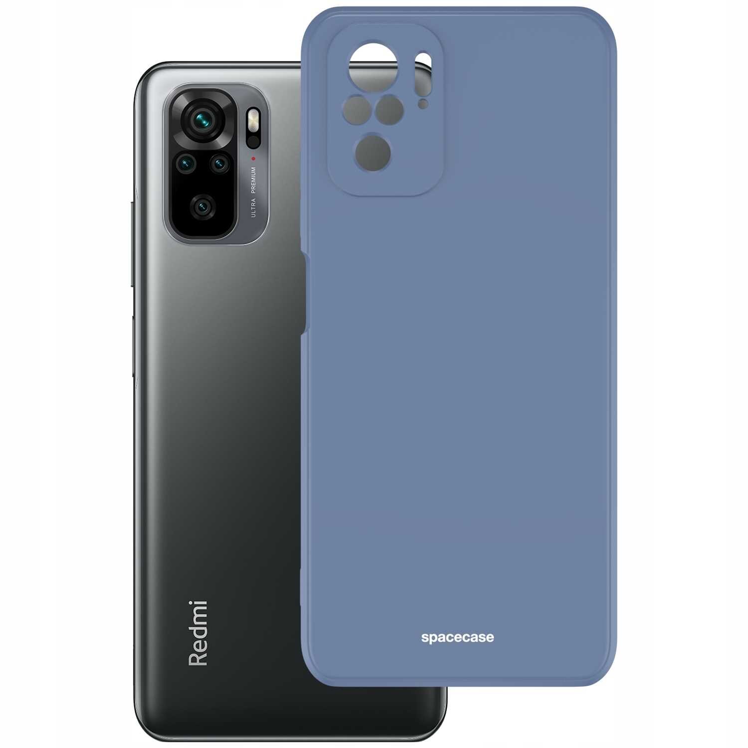 Na obrazie widoczne jest silikonowe etui w kolorze niebieskim z wycięciami na aparat, obok telefonu z logo \'Redmi\'. Na etui znajduje się napis \'spacecase\'.