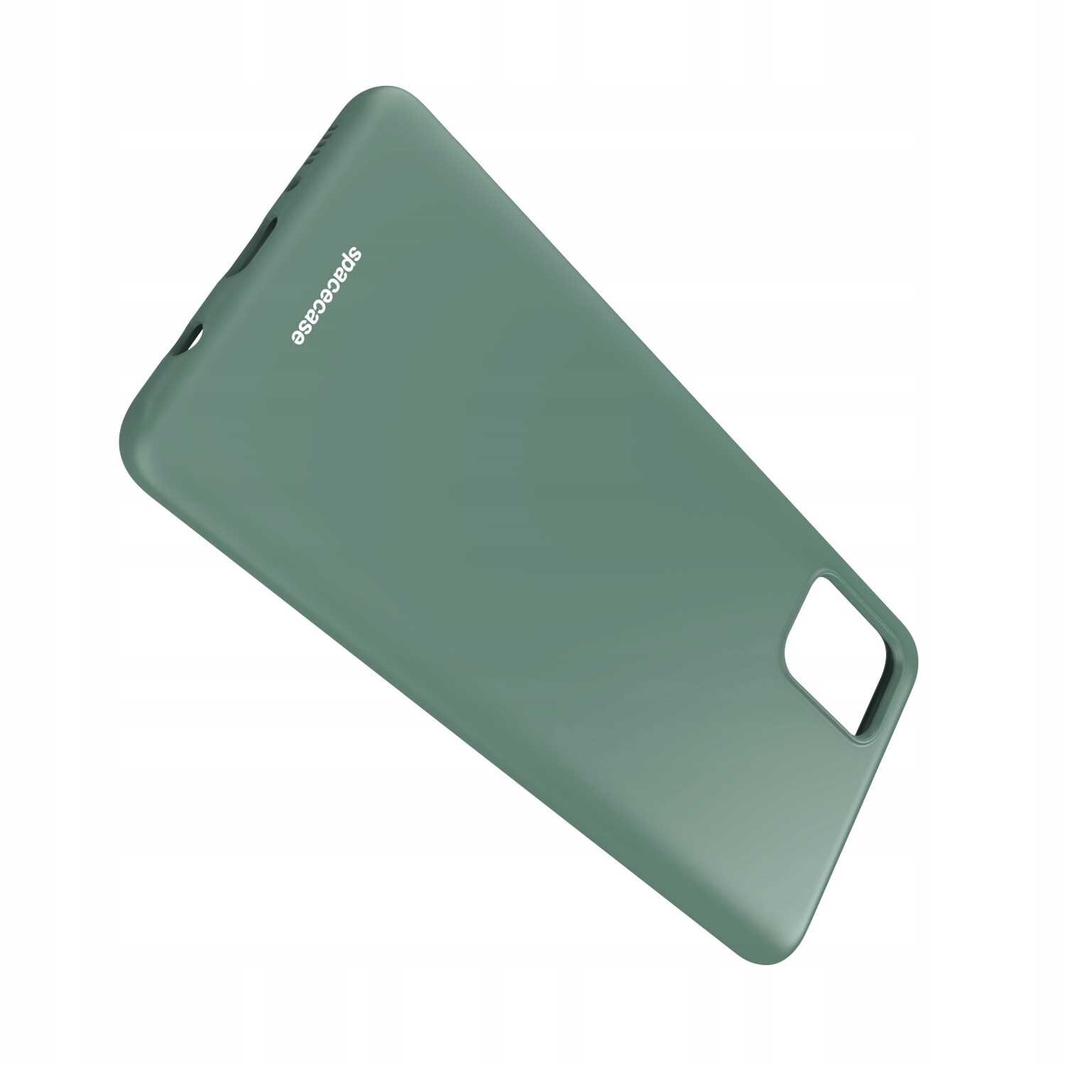 Zielone silikonowe etui z wycięciem na aparat i napisem \'SPACECASE\' na powierzchni.