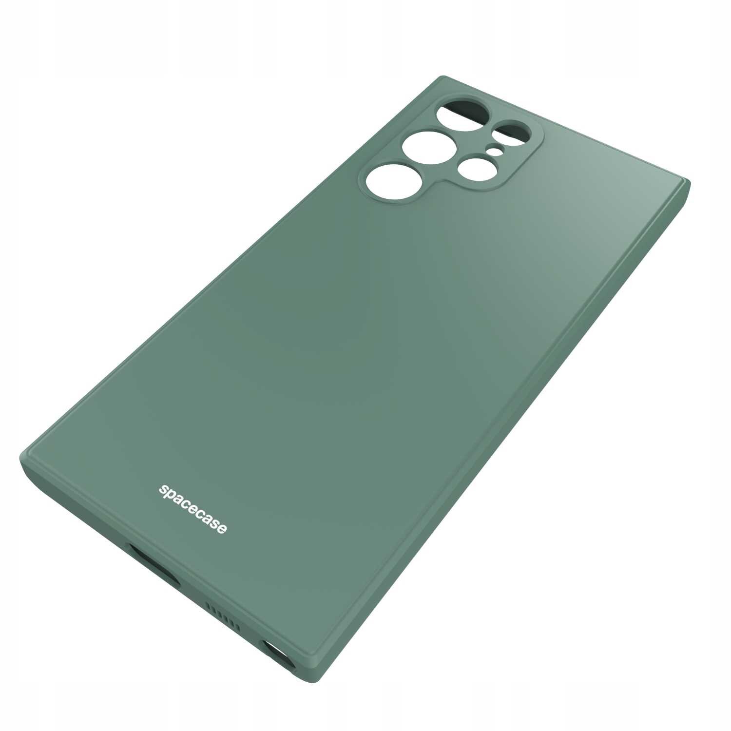 Zielone silikonowe etui z wycięciami na aparat i logo \'spacecase\' na dole.