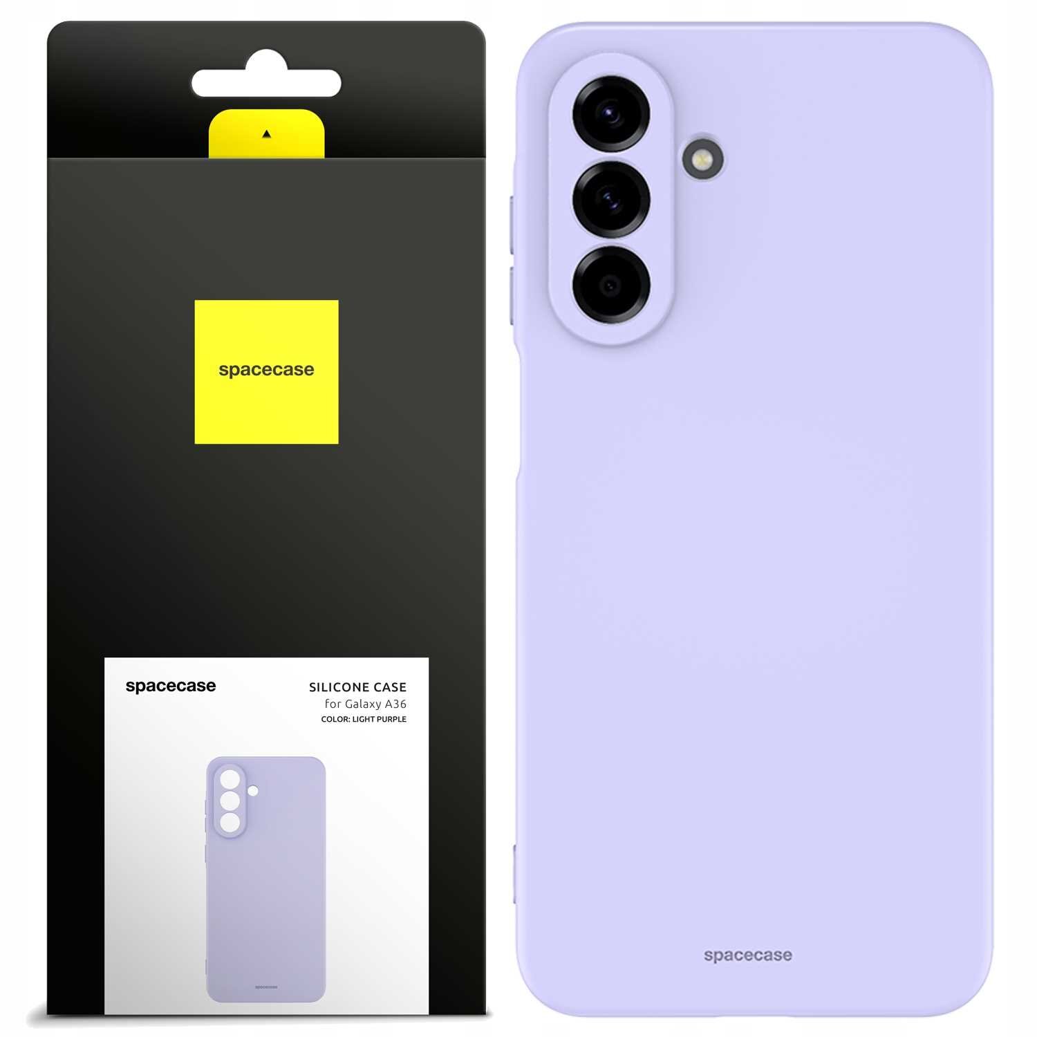 Fioletowe silikonowe etui na telefon z trzema otworami na aparaty. Opakowanie z logo \'spacecase\' i napisem \'SILICONE CASE for Galaxy A36 COLOR: LIGHT PURPLE\'.