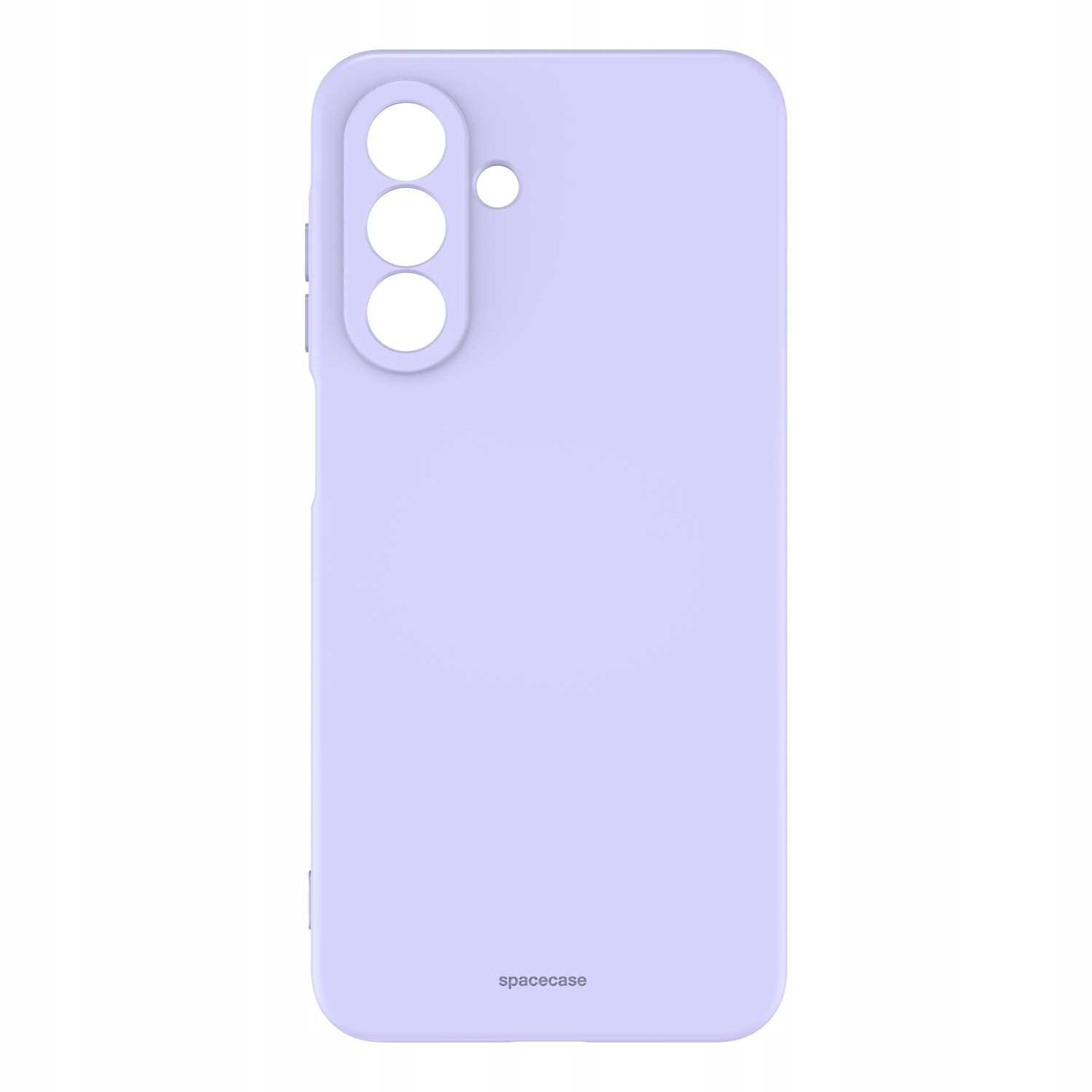 Fioletowe silikonowe etui z trzema otworami na aparaty i jednym mniejszym otworem. Na dole widoczny jest napis \'spacecase\'.