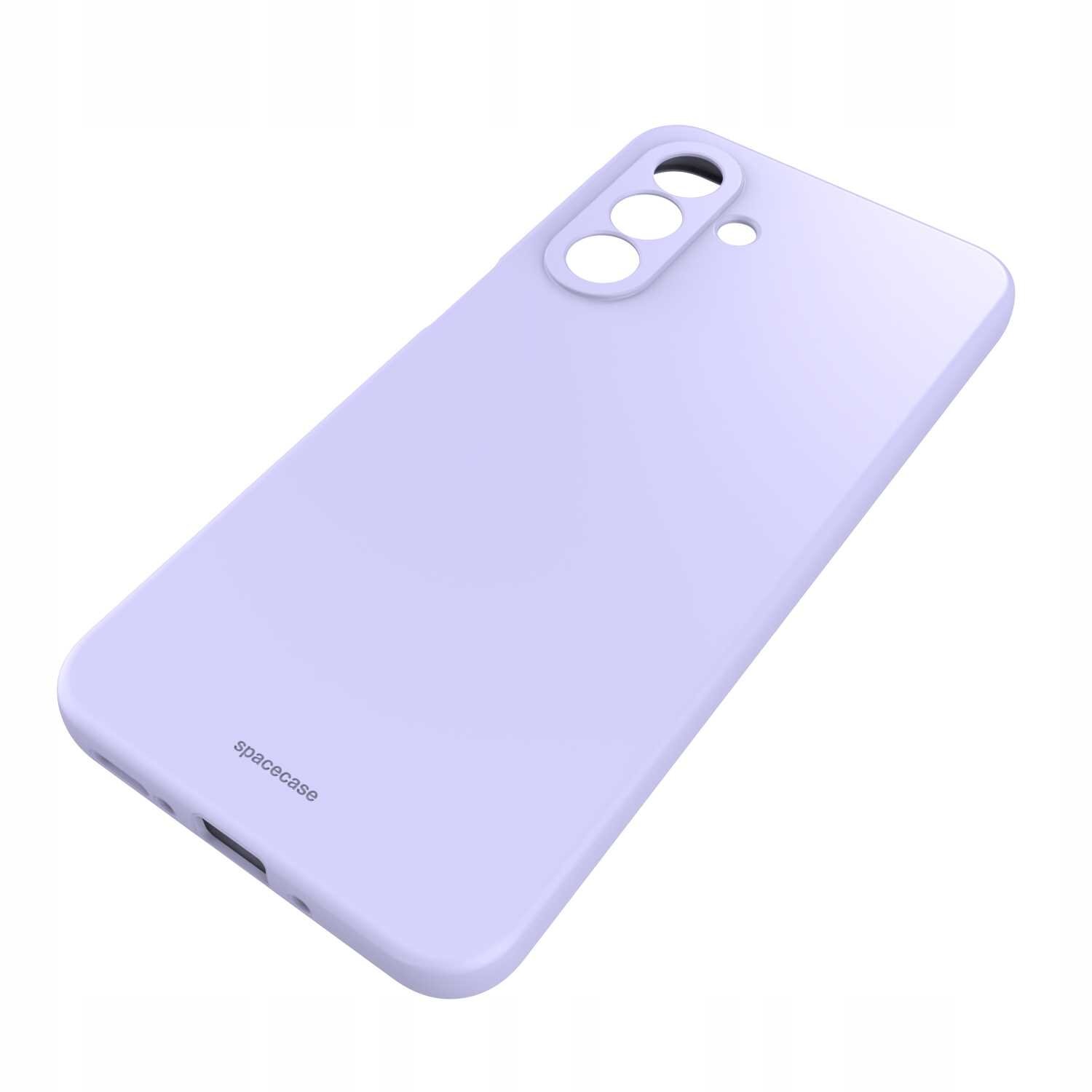 Fioletowe silikonowe etui z wycięciami na aparat i logo \'spacecase\' na dole.