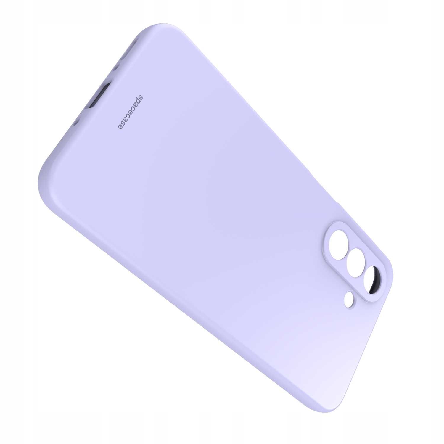 Fioletowe silikonowe etui z trzema otworami na aparat i napisem \'spacecase\'.