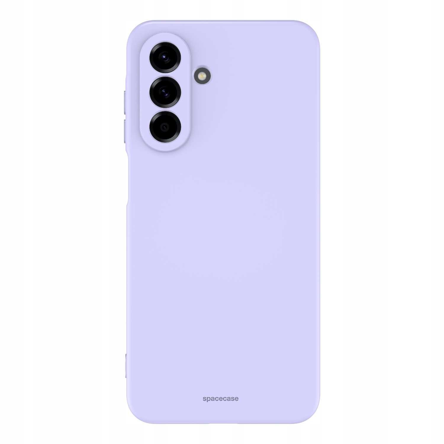 Fioletowe silikonowe etui na telefon z trzema otworami na aparaty i napisem \'spacecase\' na dole.