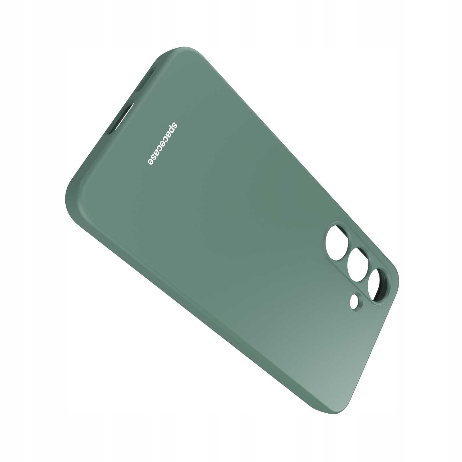 Zielone silikonowe etui z wycięciami na aparat i logo \'spacecase\'.