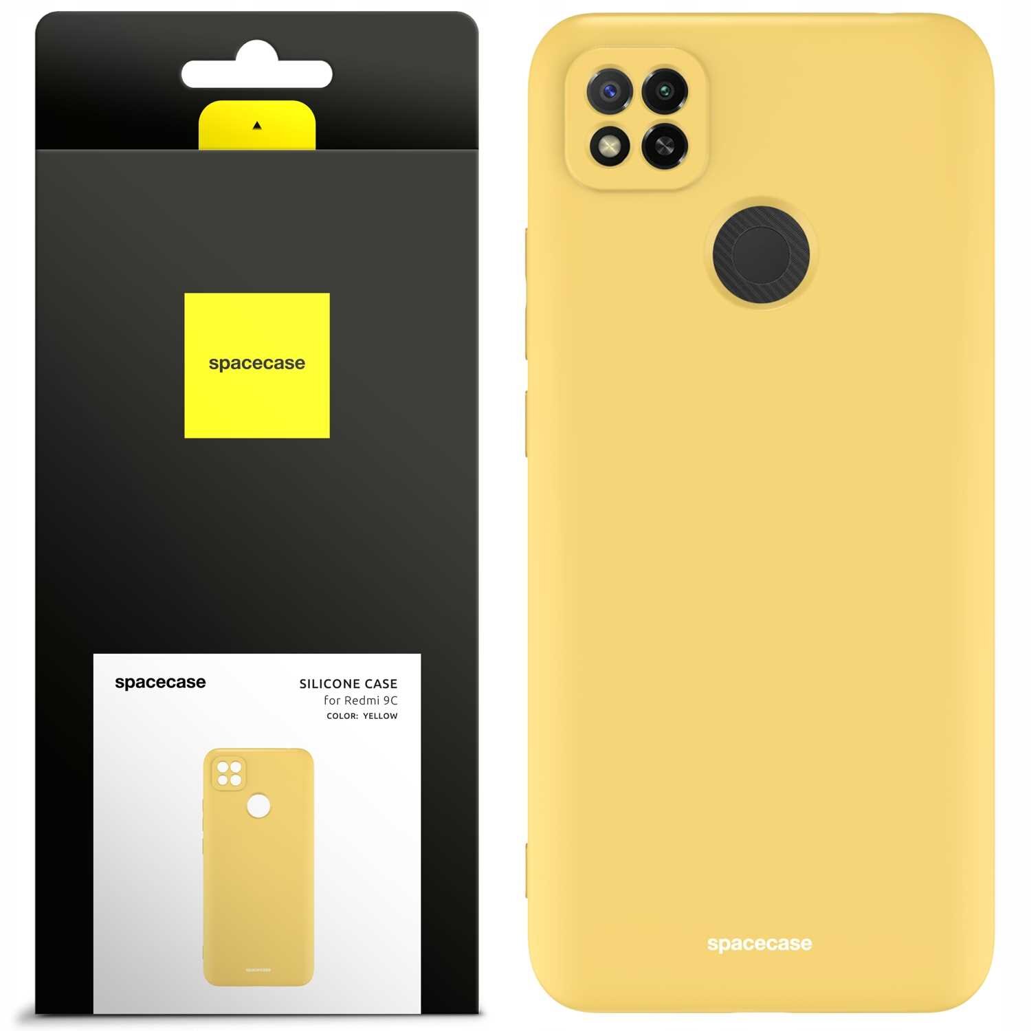 Żółte silikonowe etui na telefon z wycięciem na aparat i okrągłym wzorem na tylnej części. Opakowanie z logo \'spacecase\' i napisem \'SILICONE CASE for Redmi 9C COLOR: YELLOW\'.