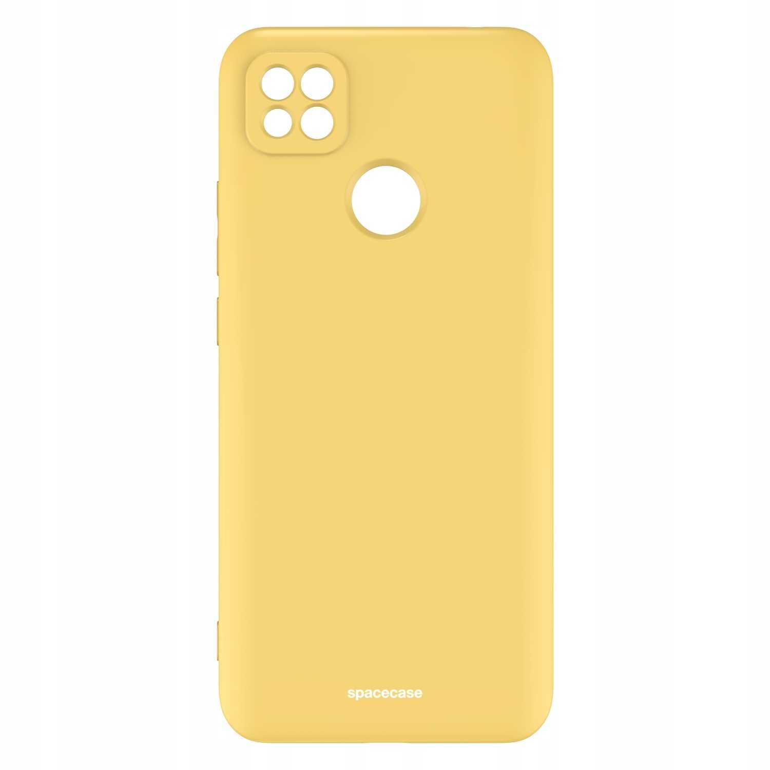 Żółte silikonowe etui z wycięciami na aparat i logo \'spacecase\' na dole.