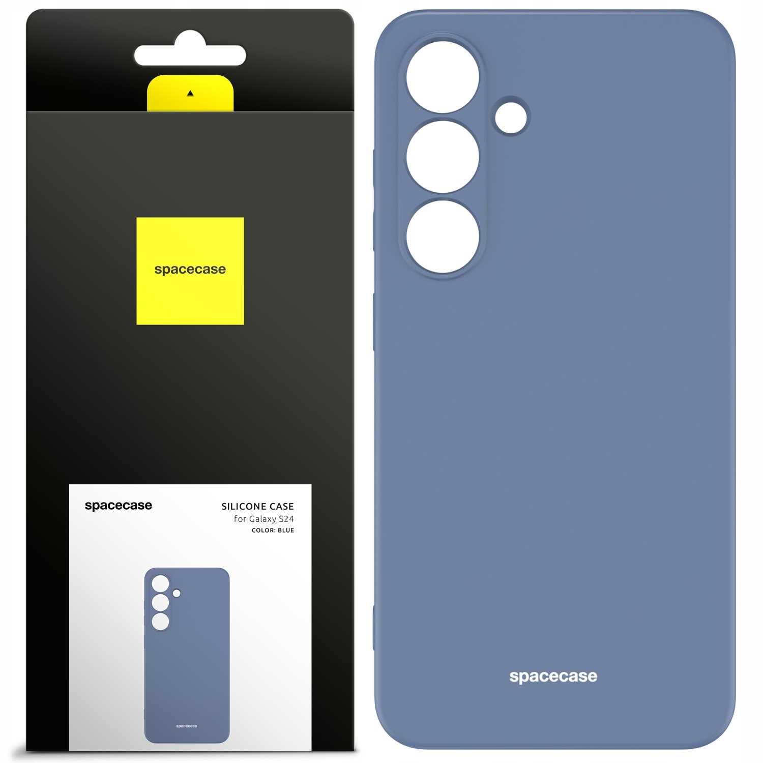 Na obrazie widoczne jest niebieskie silikonowe etui z trzema dużymi i jednym małym otworem na aparat. Obok znajduje się opakowanie z logo \'spacecase\' i napisem \'SILICONE CASE for Galaxy S24 COLOR: BLUE\'.