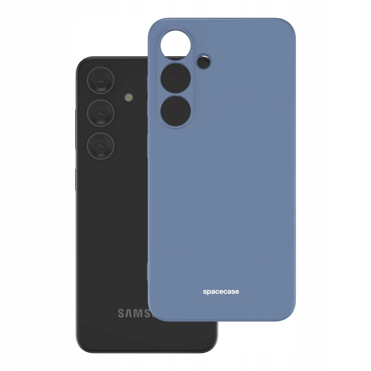 Na obrazie widoczne jest niebieskie silikonowe etui z napisem \'spacecase\', obok czarnego telefonu z trzema aparatami. Etui ma wycięcia na aparaty i inne elementy telefonu.