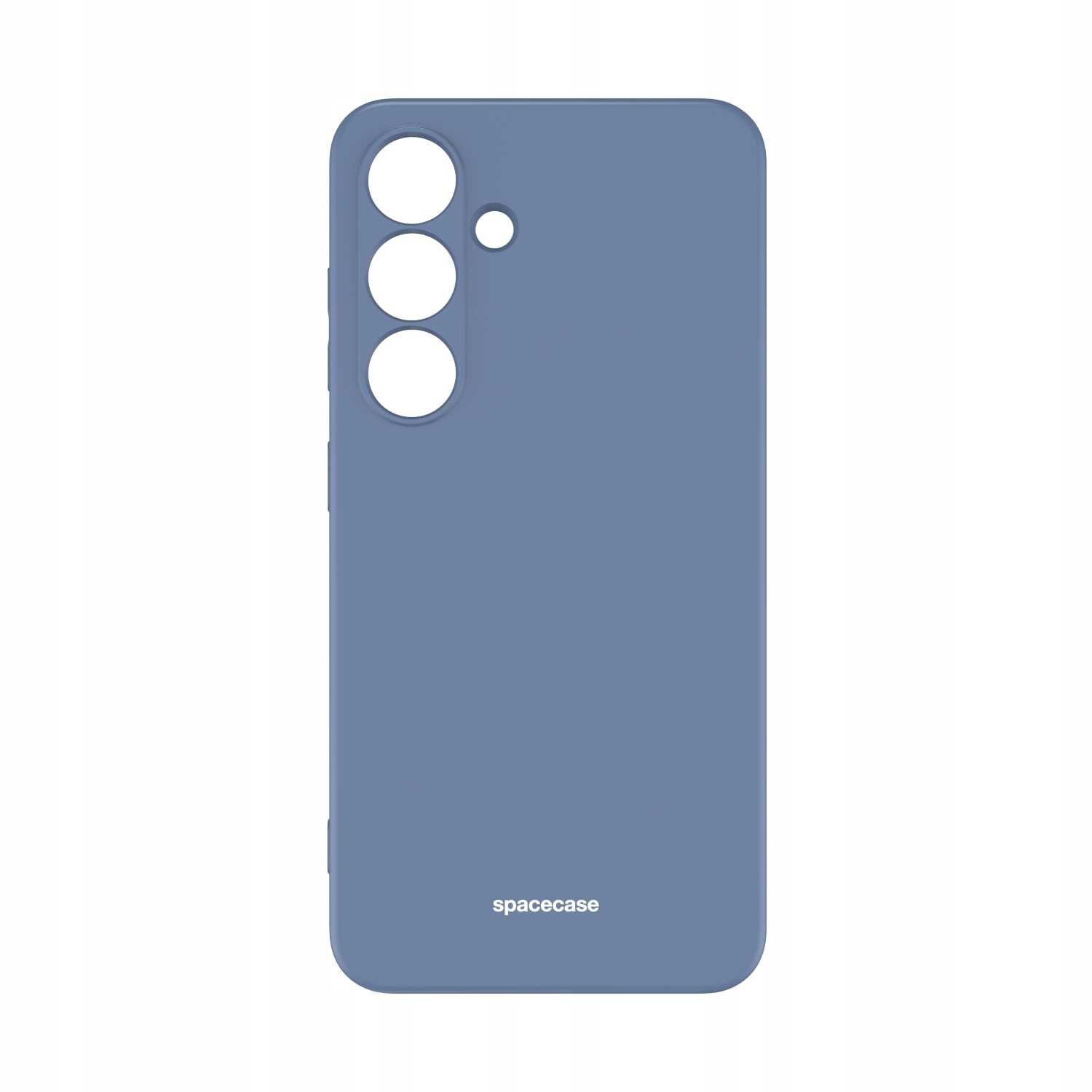 Niebieskie silikonowe etui z trzema dużymi otworami na aparat i jednym mniejszym otworem. Na dole widoczny jest napis \'spacecase\'.