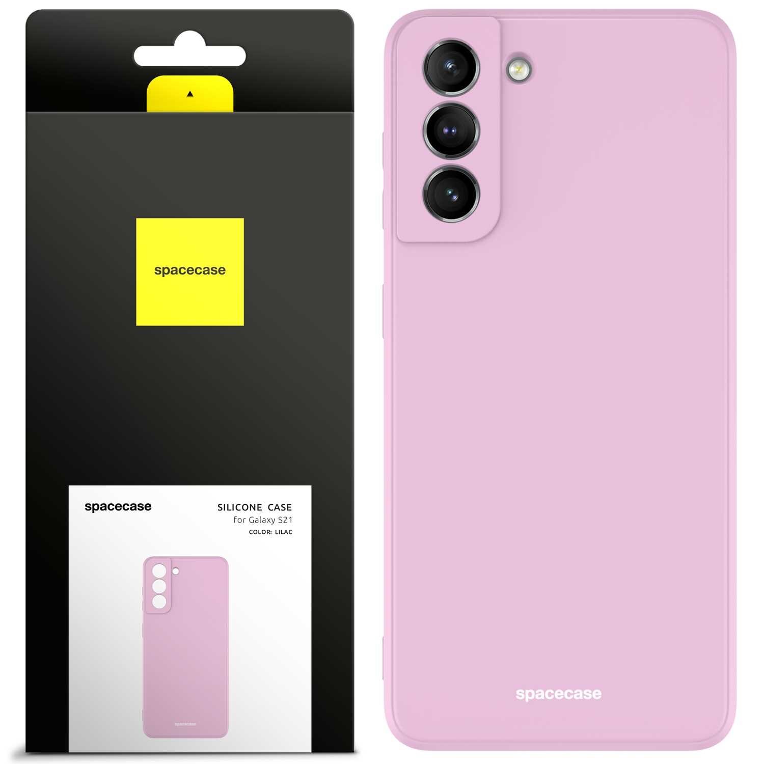 Różowe silikonowe etui na telefon z trzema otworami na aparaty. Opakowanie z logo \'spacecase\' i napisem \'SILICONE CASE for Galaxy S21 COLOR LILAC\'.