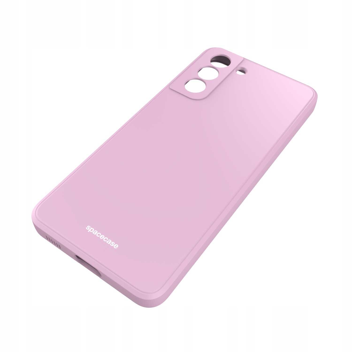 Różowe silikonowe etui z trzema otworami na aparat i logo \'spacecase\' na dole. Etui jest przeznaczone do telefonu Galaxy S21.