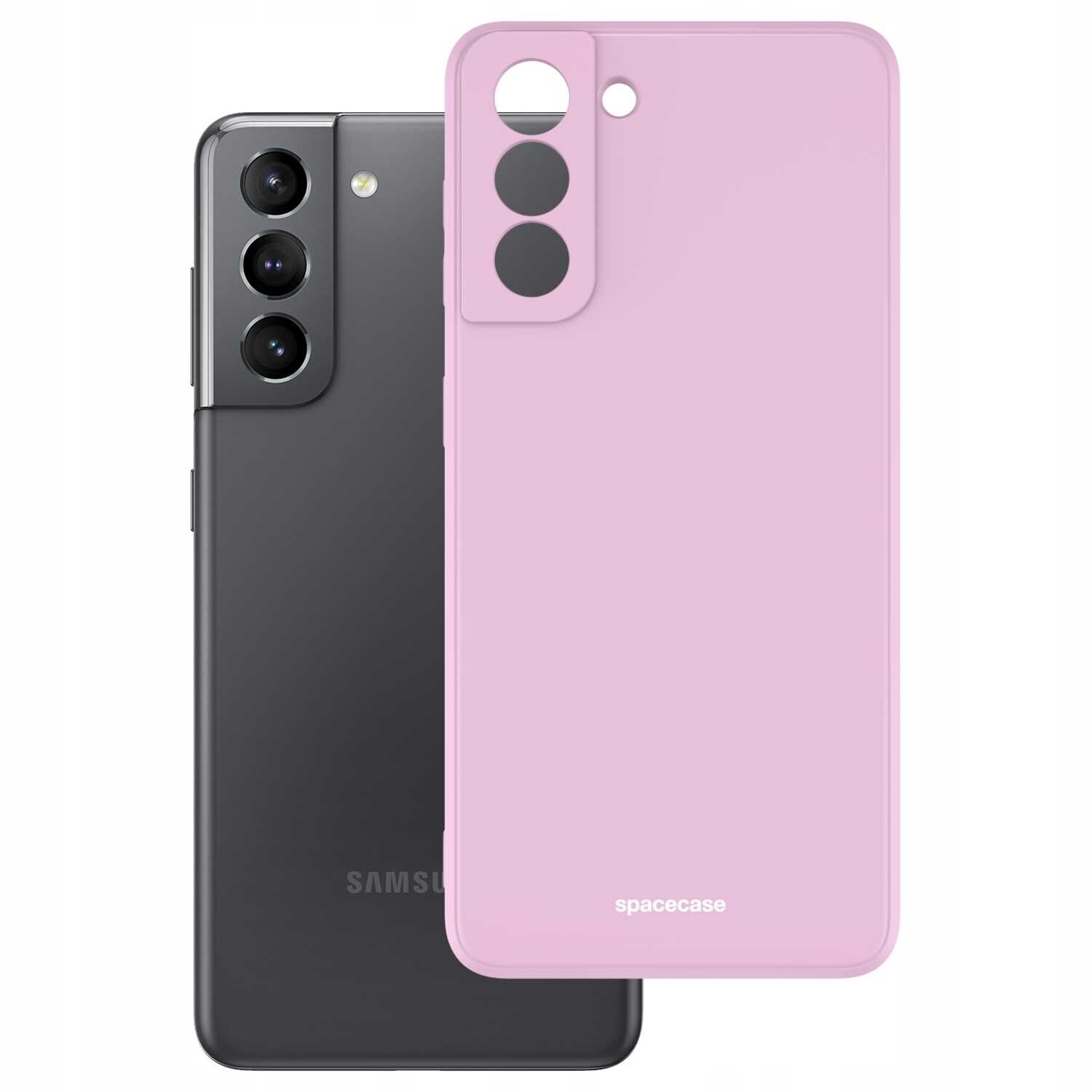Na obrazie widoczne jest różowe silikonowe etui z wycięciami na aparat, obok czarnego smartfona. Na etui znajduje się napis \'spacecase\'.