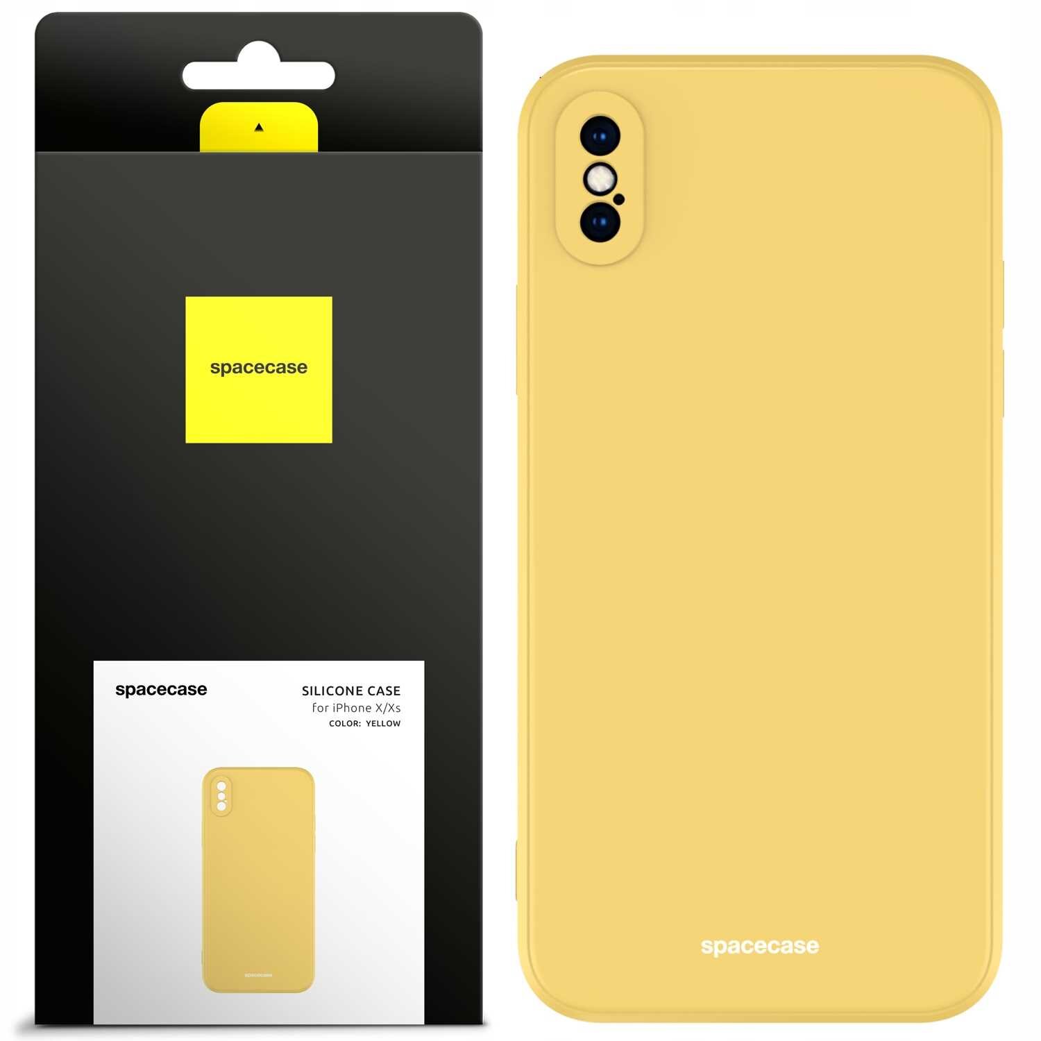 Żółte silikonowe etui na telefon z wycięciem na aparat, obok opakowanie z logo \'spacecase\'.