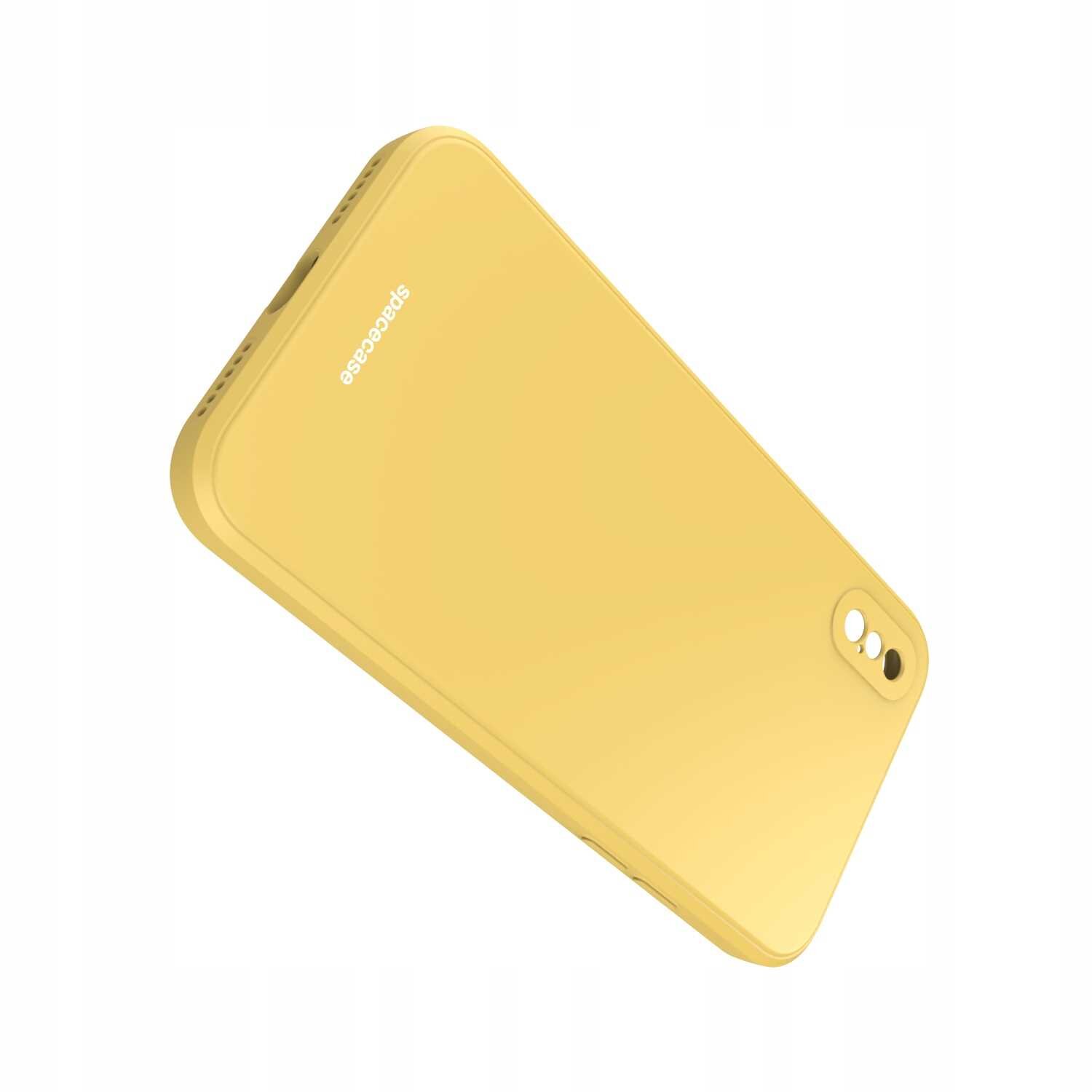 Żółte silikonowe etui na telefon z wycięciem na aparat i logo \'spacecase\'.