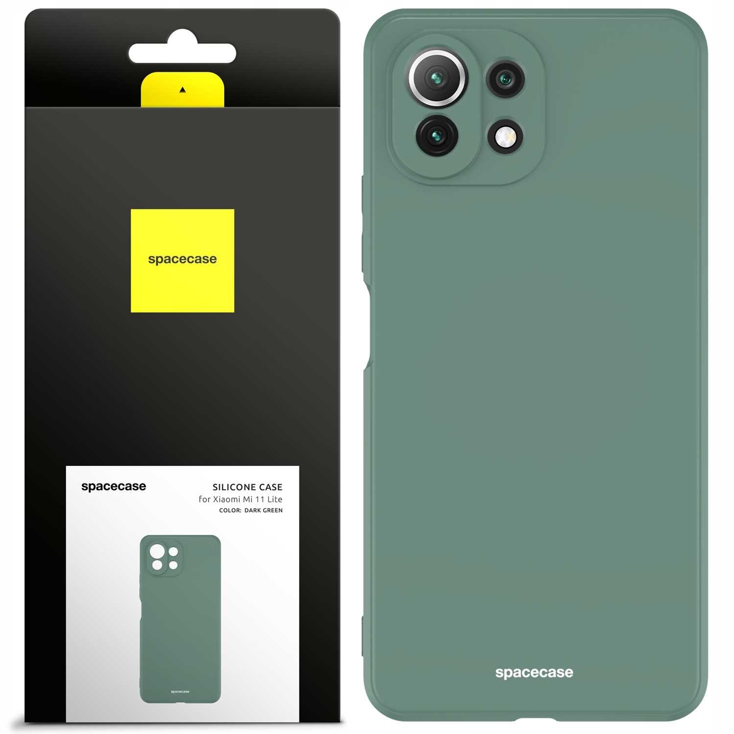 Obraz przedstawia zielone silikonowe etui na telefon z trzema otworami na aparaty. Obok znajduje się opakowanie z napisem \'spacecase\' oraz informacją \'SILICONE CASE for Xiaomi Mi 11 Lite COLOR: DARK GREEN\'.