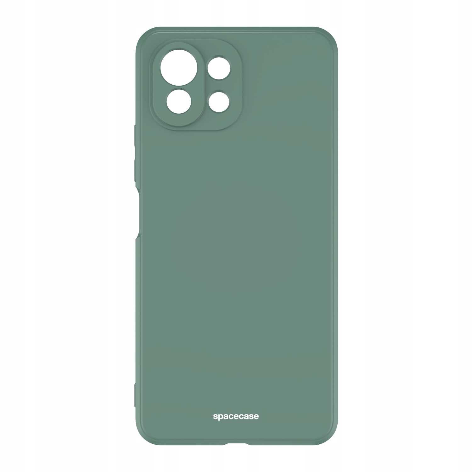 Zielone silikonowe etui z wycięciami na aparat i logo \'spacecase\' na dole.