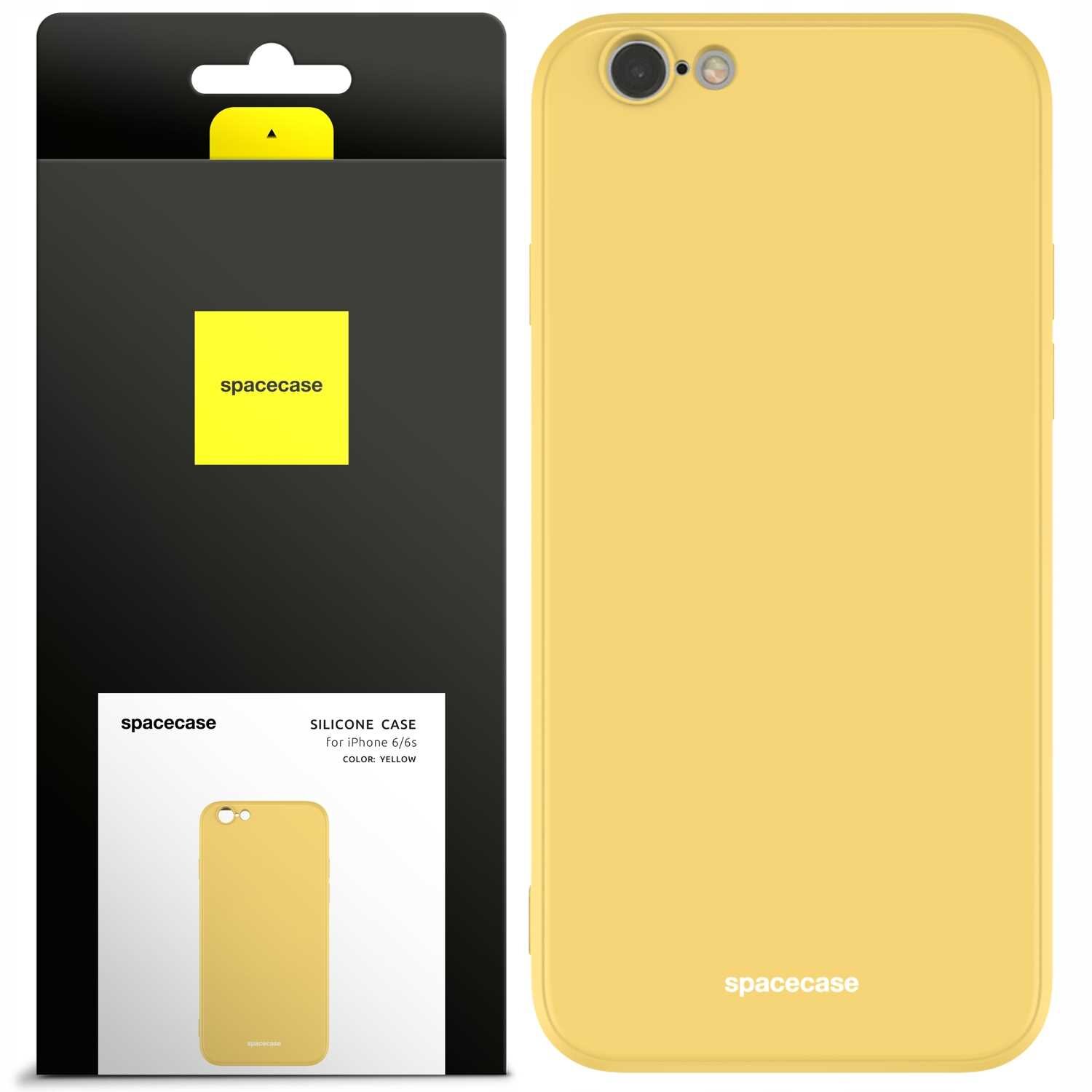 Obraz przedstawia żółte silikonowe etui na telefon z napisem \'spacecase\' na dole. Obok znajduje się opakowanie z logo \'spacecase\' i opisem \'SILICONE CASE for iPhone 6/6s COLOR: YELLOW\'.