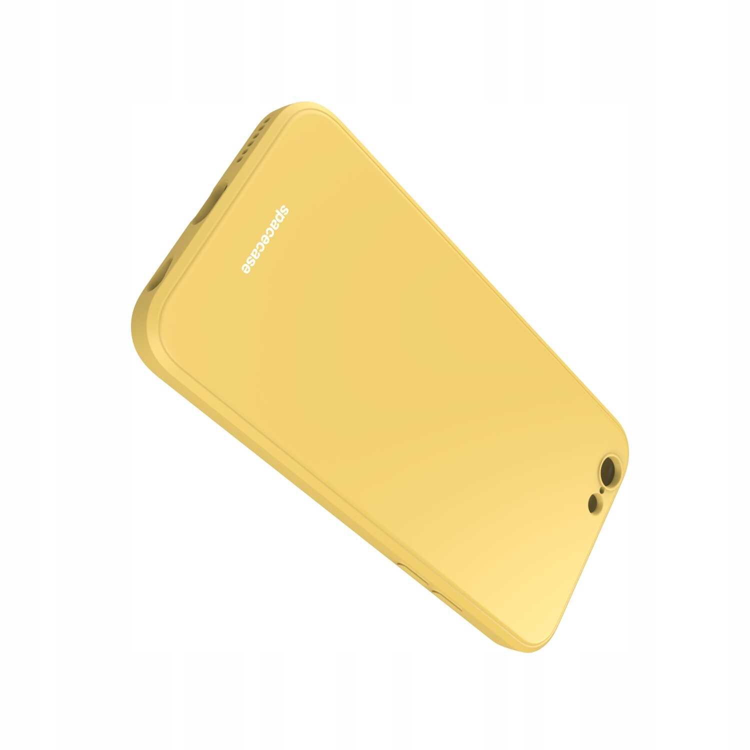 Żółte silikonowe etui na telefon z widocznym napisem \'spacecase\'.