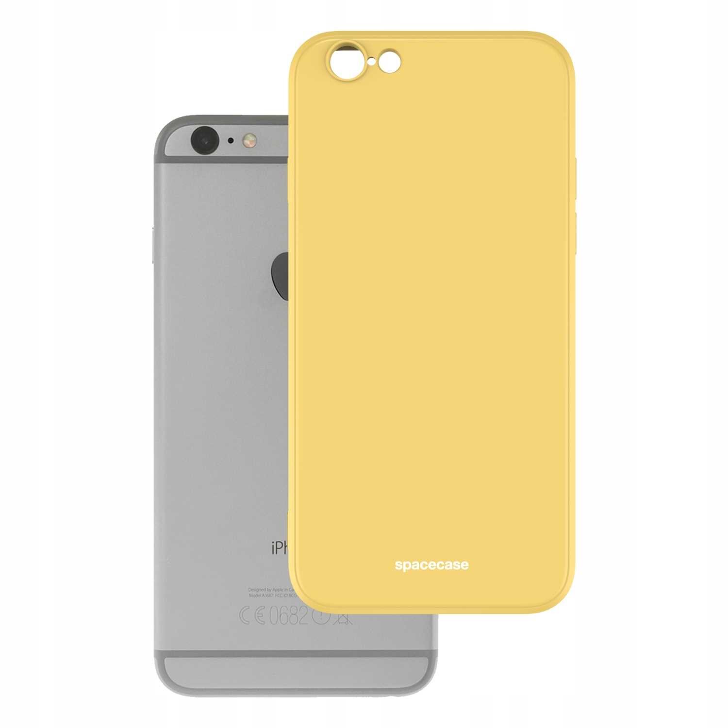 Na obrazie widoczne jest żółte silikonowe etui z napisem \'spacecase\', przeznaczone do telefonu iPhone 6/6s. W tle znajduje się szary telefon z widocznym logo producenta.