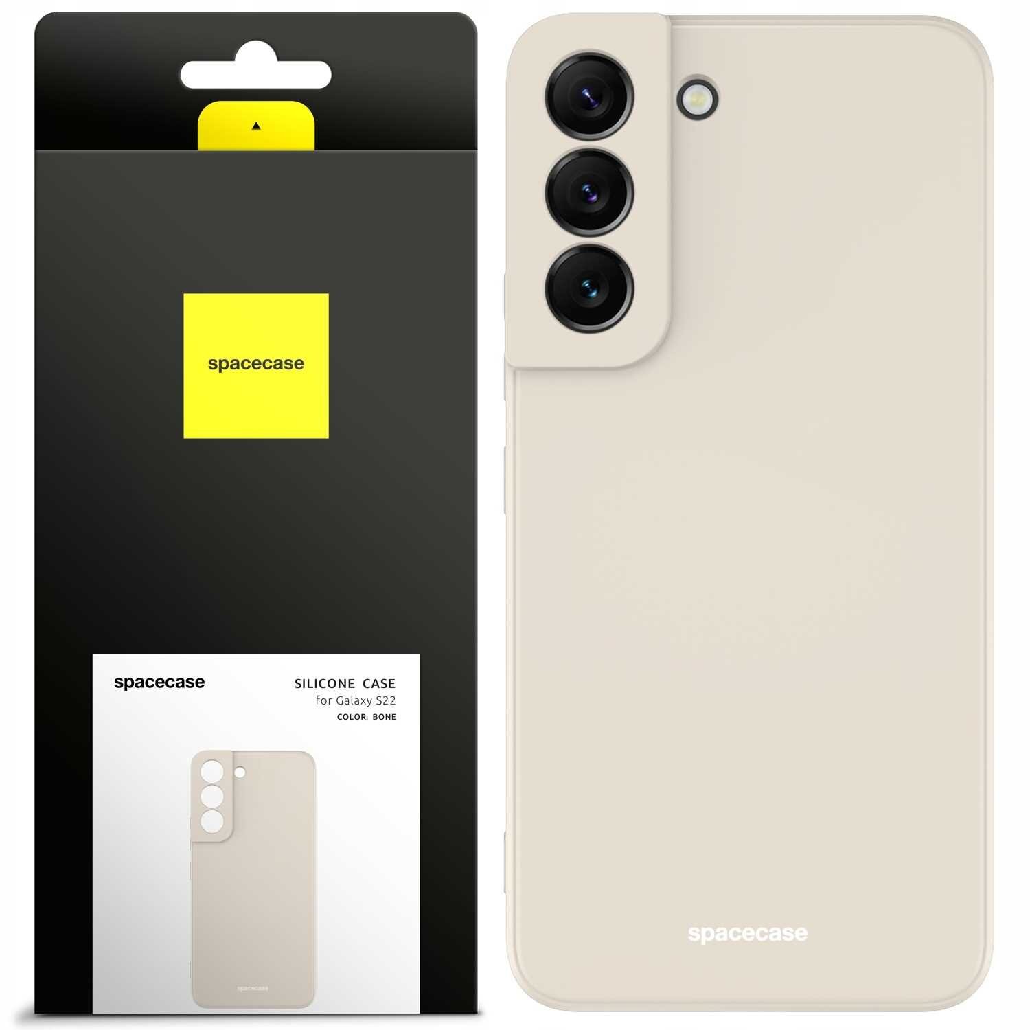 Obraz przedstawia beżowe silikonowe etui na telefon z trzema otworami na aparaty. Obok znajduje się opakowanie z logo \'spacecase\' i napisem \'SILICONE CASE for Galaxy S22 COLOR: BONE\'.