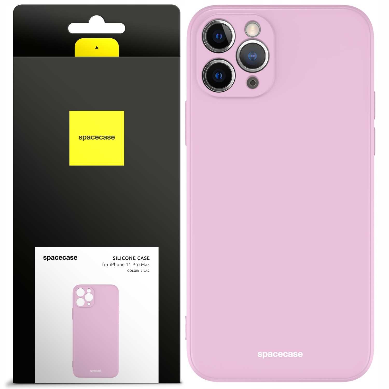Różowe silikonowe etui na telefon z trzema wycięciami na aparaty. Opakowanie z logo \'spacecase\' i napisem \'SILICONE CASE for iPhone 11 Pro Max COLOR: LILAC\'.