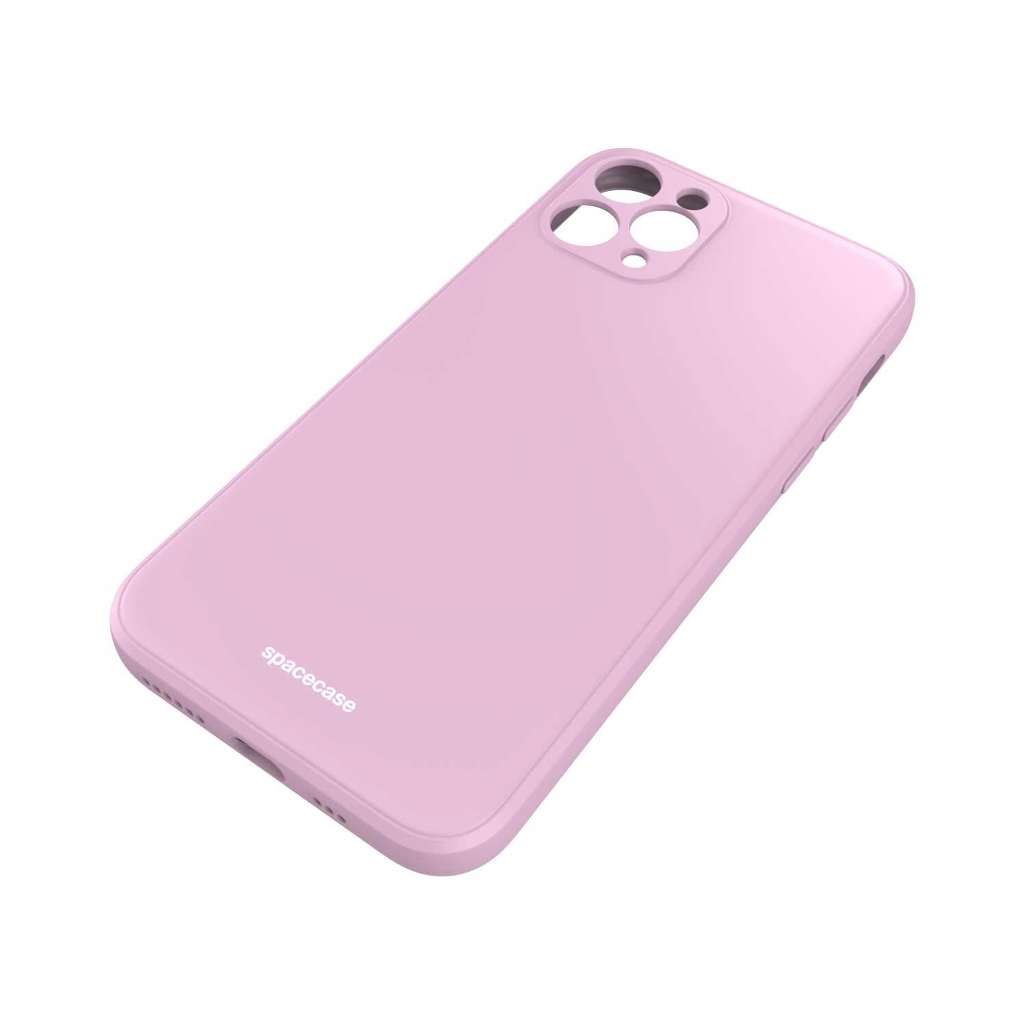 Różowe silikonowe etui na telefon z wycięciami na aparat i logo \'spacecase\' na dole.