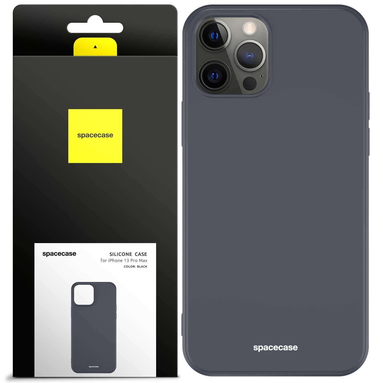 Obraz przedstawia czarne silikonowe etui na iPhone 13 Pro Max oraz jego opakowanie. Na opakowaniu widnieje napis \'spacecase\' oraz \'SILICONE CASE for iPhone 13 Pro Max COLOR: BLACK\'.