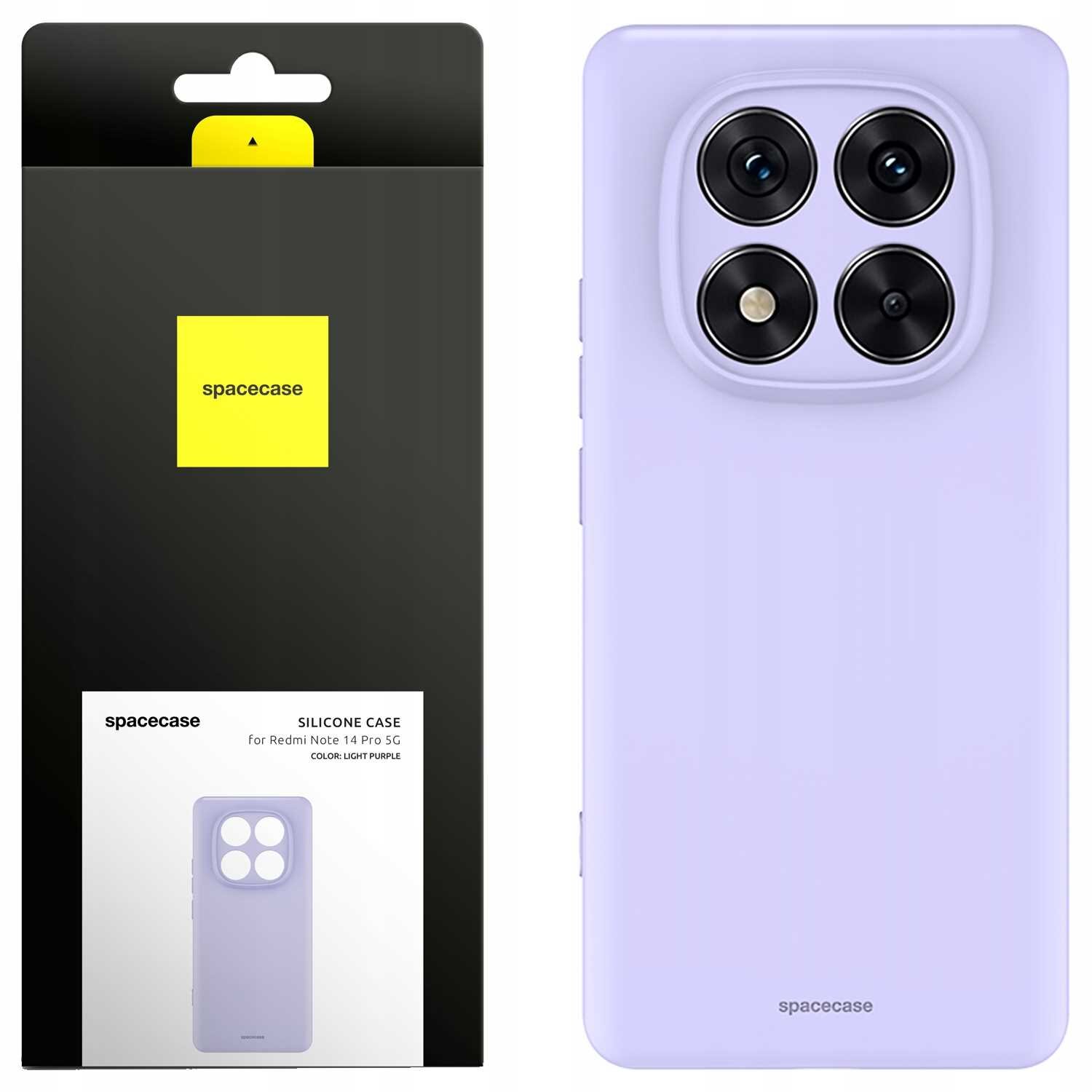 Obraz przedstawia fioletowe silikonowe etui na telefon z trzema okrągłymi wycięciami na aparaty. Obok znajduje się opakowanie z logo \'spacecase\' i napisem \'SILICONE CASE for Redmi Note 14 Pro 5G COLOR: LIGHT PURPLE\'.
