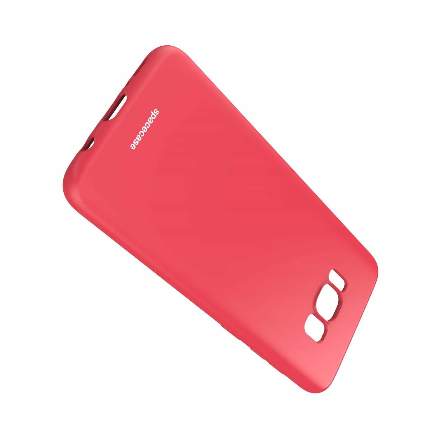 Czerwone silikonowe etui z wycięciami na aparat i przyciski, z widocznym napisem \'spacecase\'.