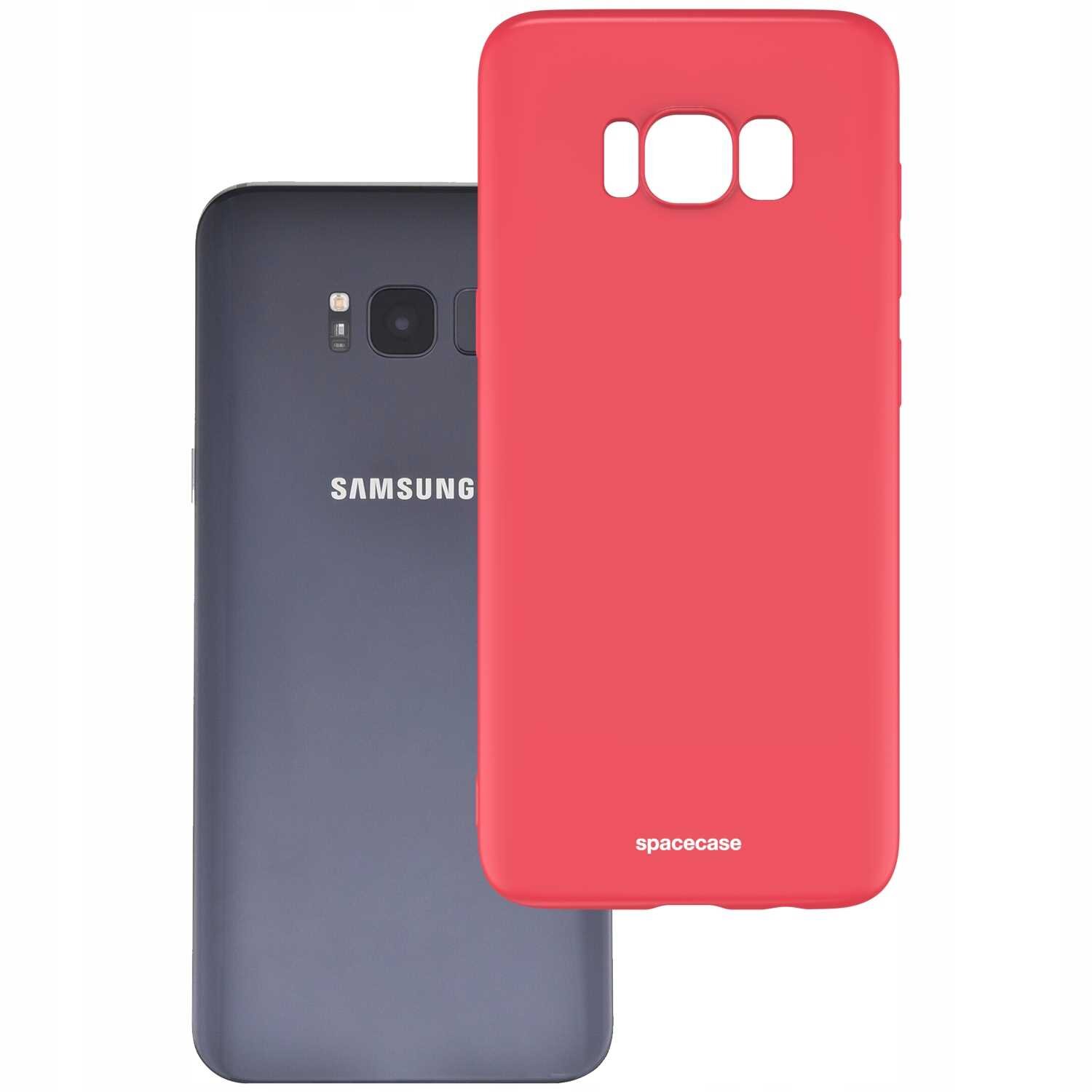 Na obrazie widoczne są dwa elementy: czerwone silikonowe etui z napisem \'spacecase\' oraz ciemny telefon z logo \'SAMSUNG\'.