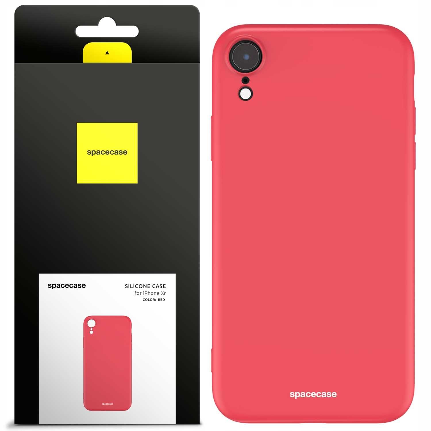 Czerwone silikonowe etui na telefon z widocznym logo \'spacecase\'. Obok znajduje się opakowanie z napisem \'spacecase SILICONE CASE for iPhone Xr COLOR: RED\'.