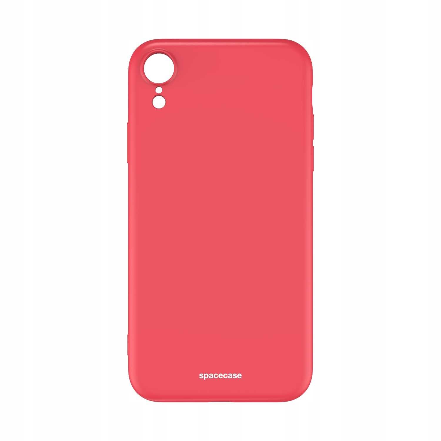 Czerwone silikonowe etui z wycięciami na aparat i logo \'spacecase\' na dole.