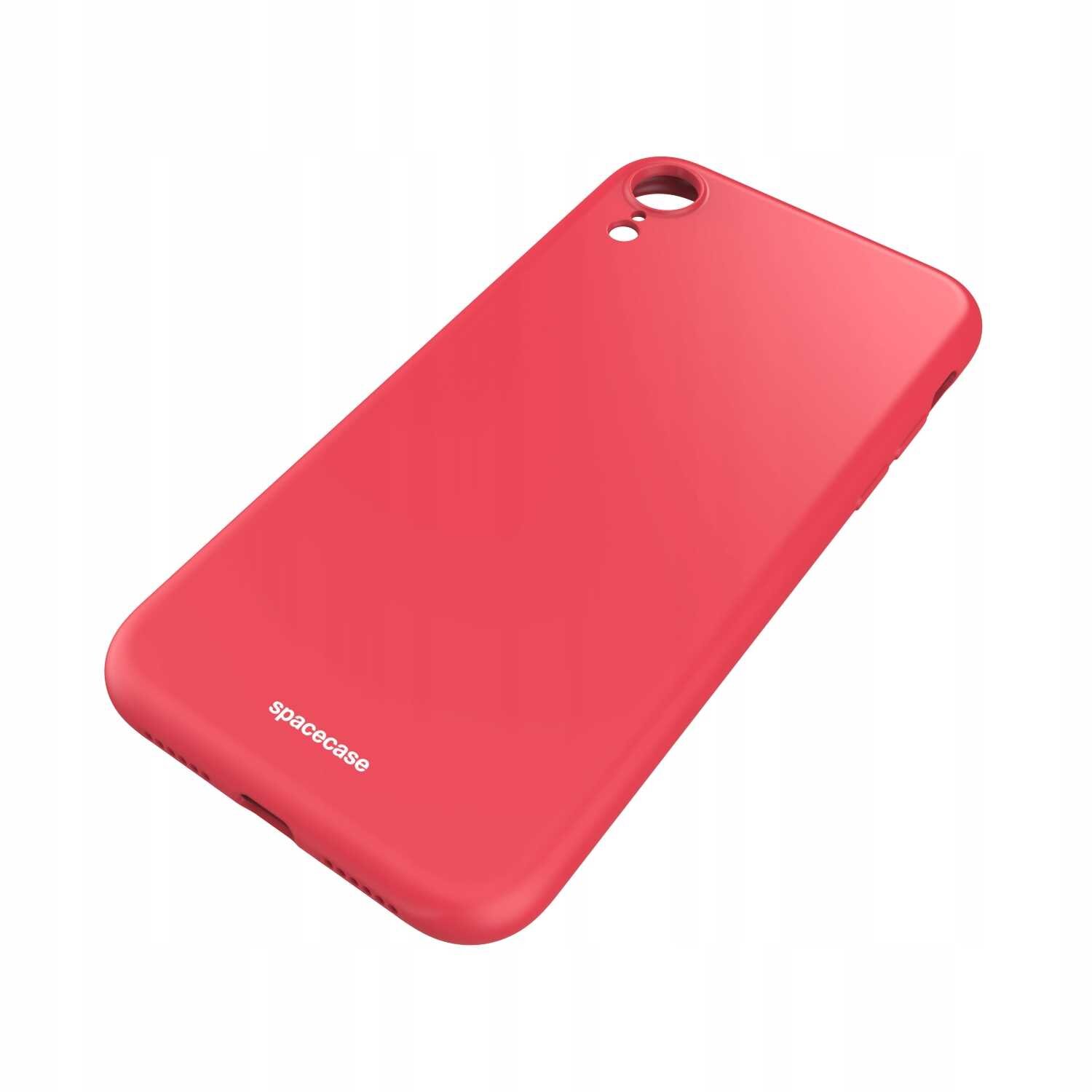Czerwone silikonowe etui na telefon z wycięciami na aparat i logo \'spacecase\' na dole.