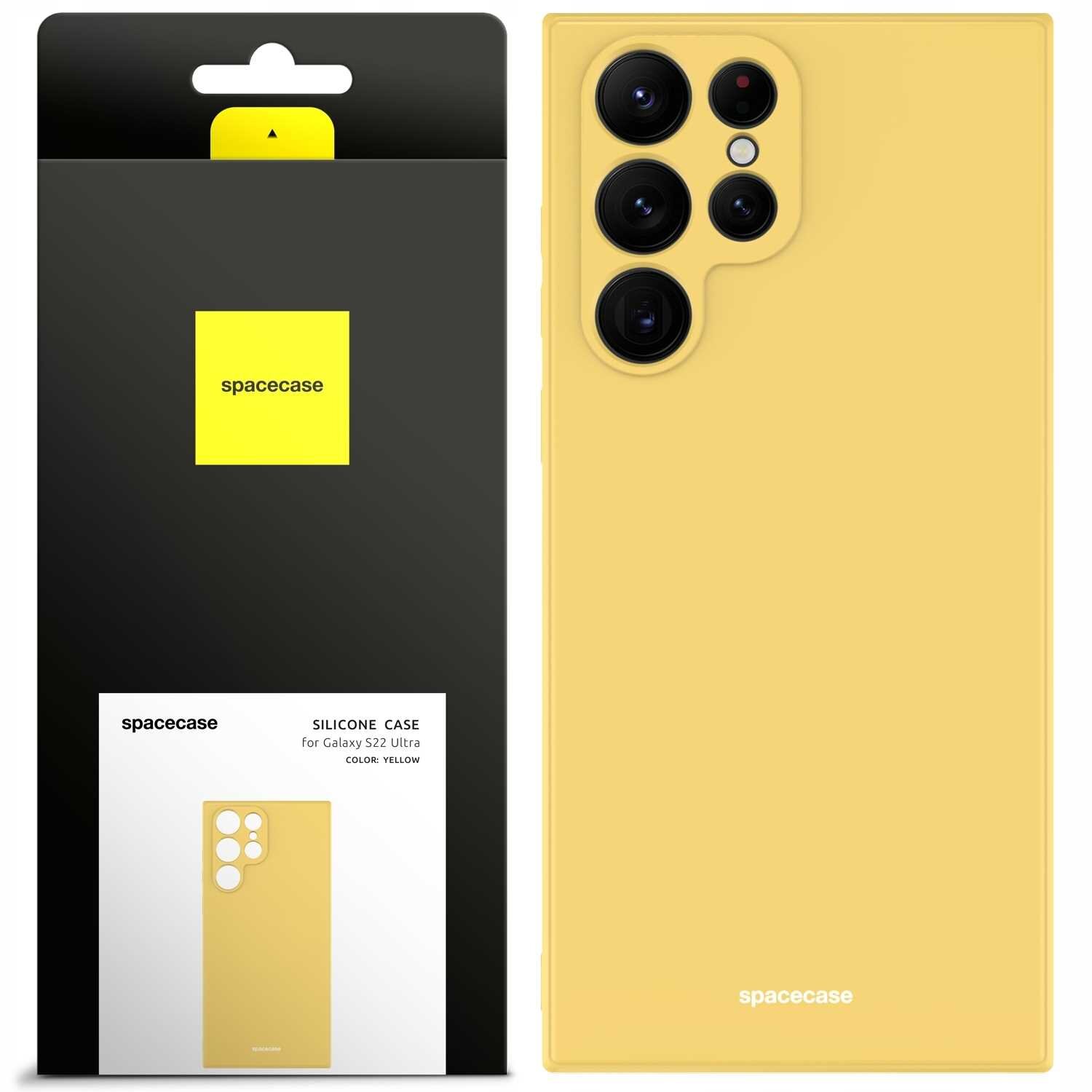 Obraz przedstawia żółte silikonowe etui na telefon z wycięciami na aparaty. Opakowanie produktu zawiera logo \'spacecase\' oraz napis \'SILICONE CASE for Galaxy S22 Ultra COLOR: YELLOW\'.