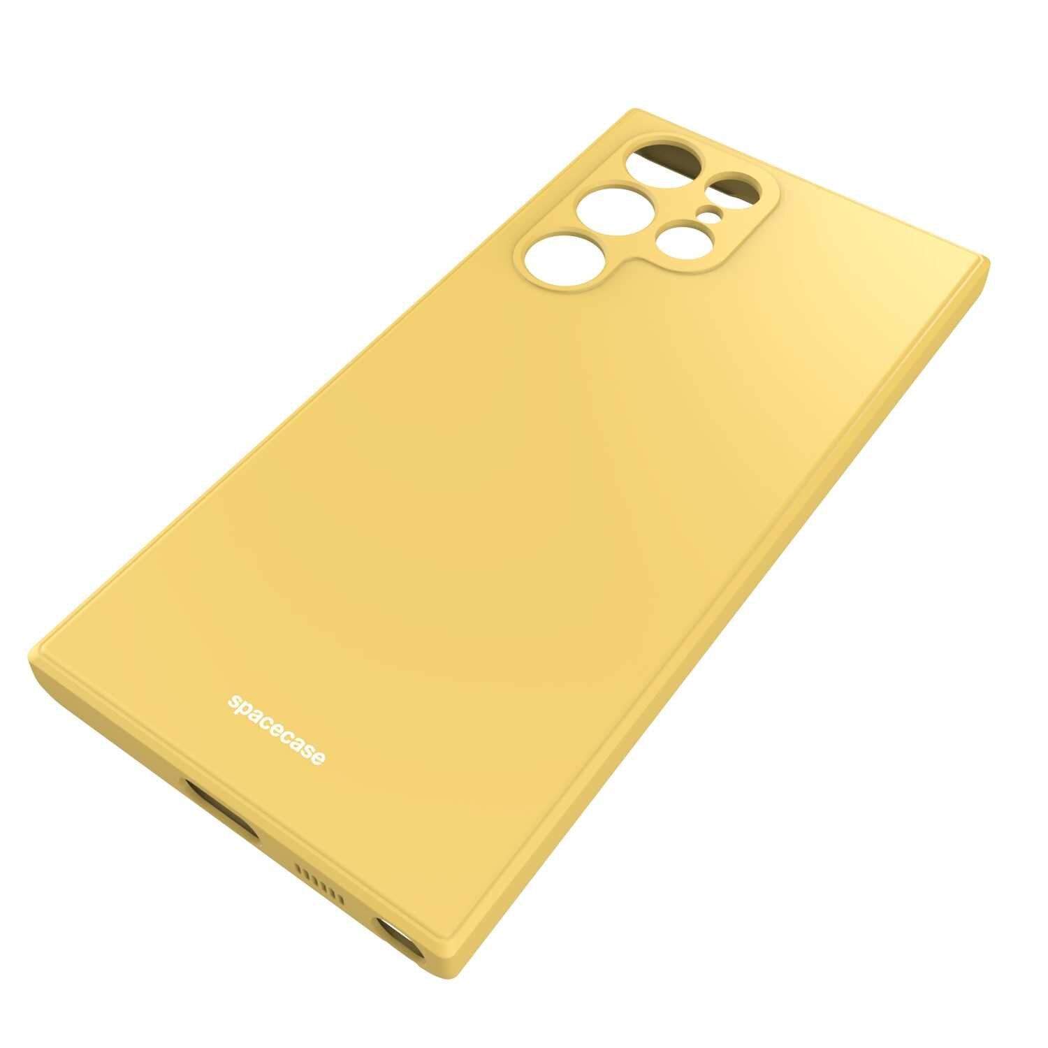 Żółte silikonowe etui z wycięciami na aparat i logo \'spacecase\' na dole. Etui jest przeznaczone do telefonu Galaxy S22 Ultra.