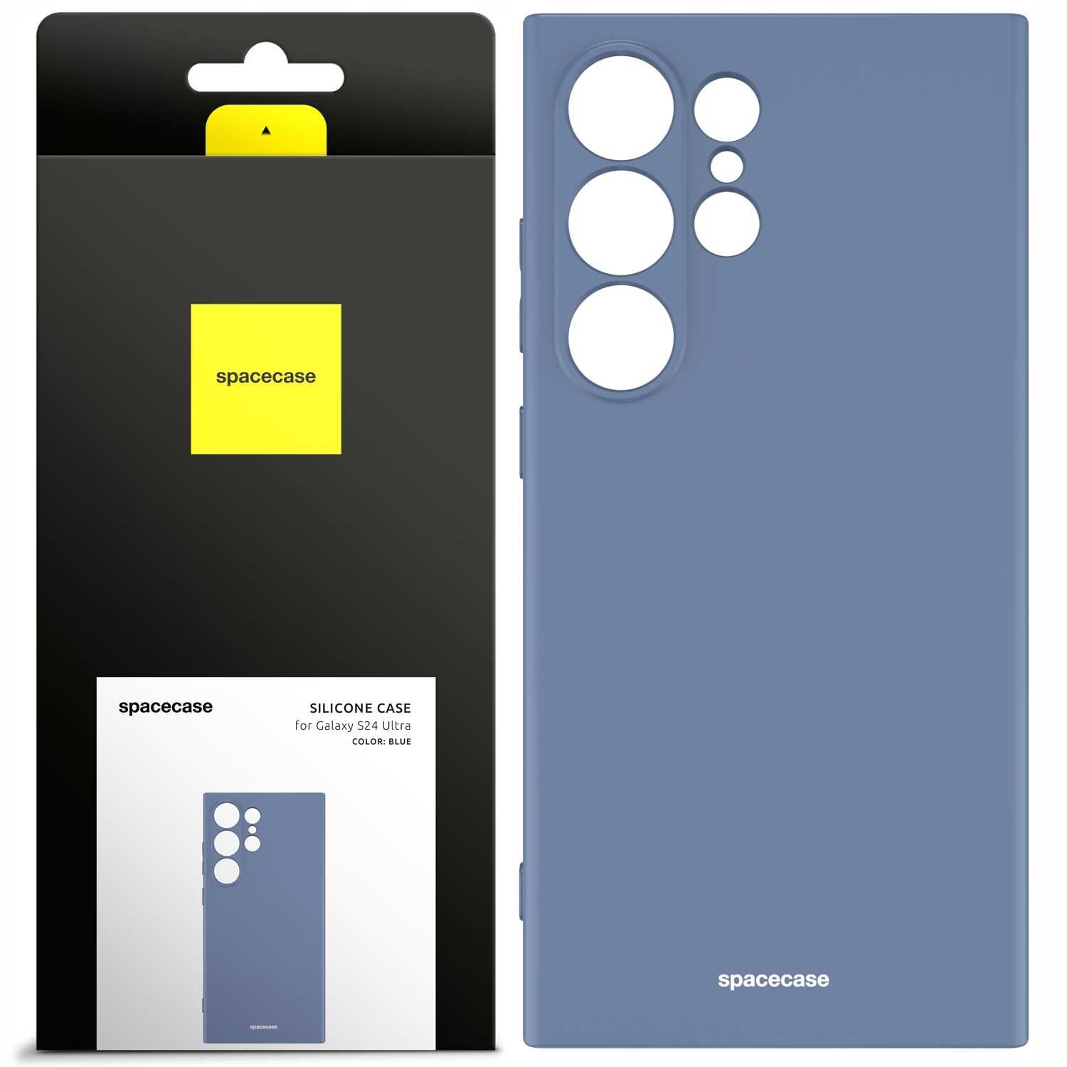 Na obrazie widoczne jest niebieskie silikonowe etui z wycięciami na aparat, obok opakowanie z logo \'spacecase\'. Na opakowaniu znajduje się napis: \'SILICONE CASE for Galaxy S24 Ultra COLOR: BLUE\'.